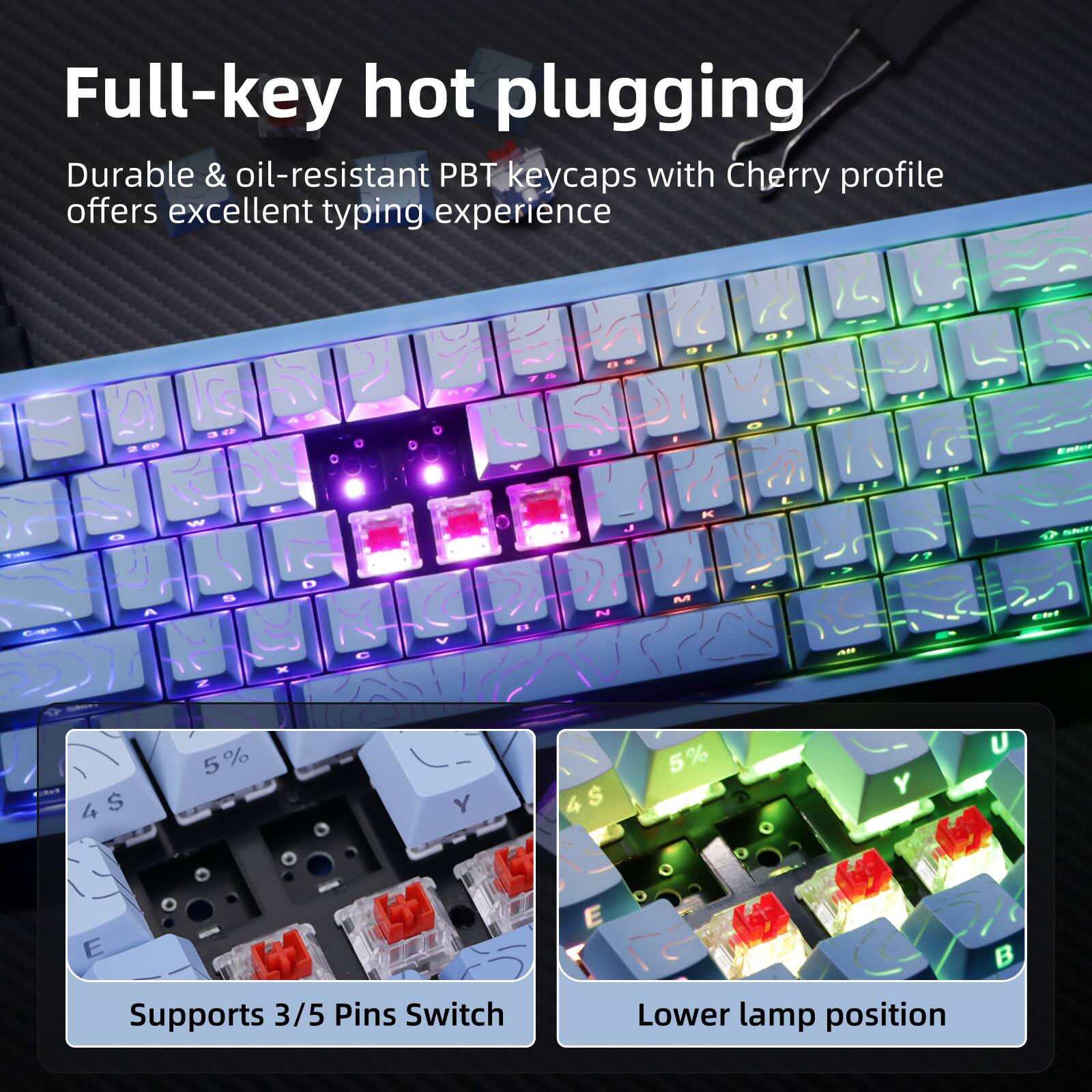 Full-key hot plugging

Durable & oil-resistant PBT keycaps with Cherry profile offers excellent typing experience

Supports 3/5 Pins Switch

Lower lamp position