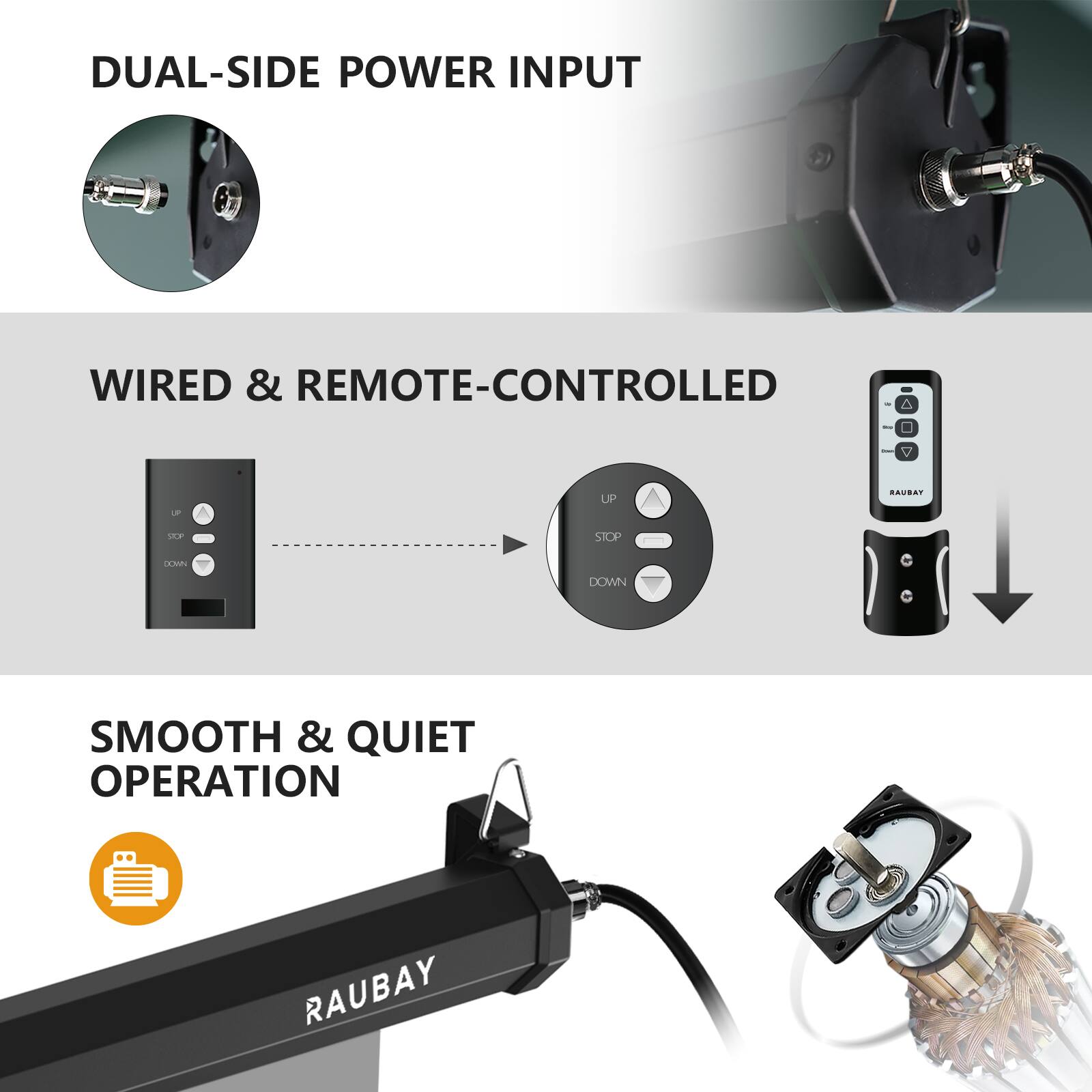 DUAL-SIDE POWER INPUT

WIRED & REMOTE-CONTROLLED

SMOOTH & QUIET OPERATION