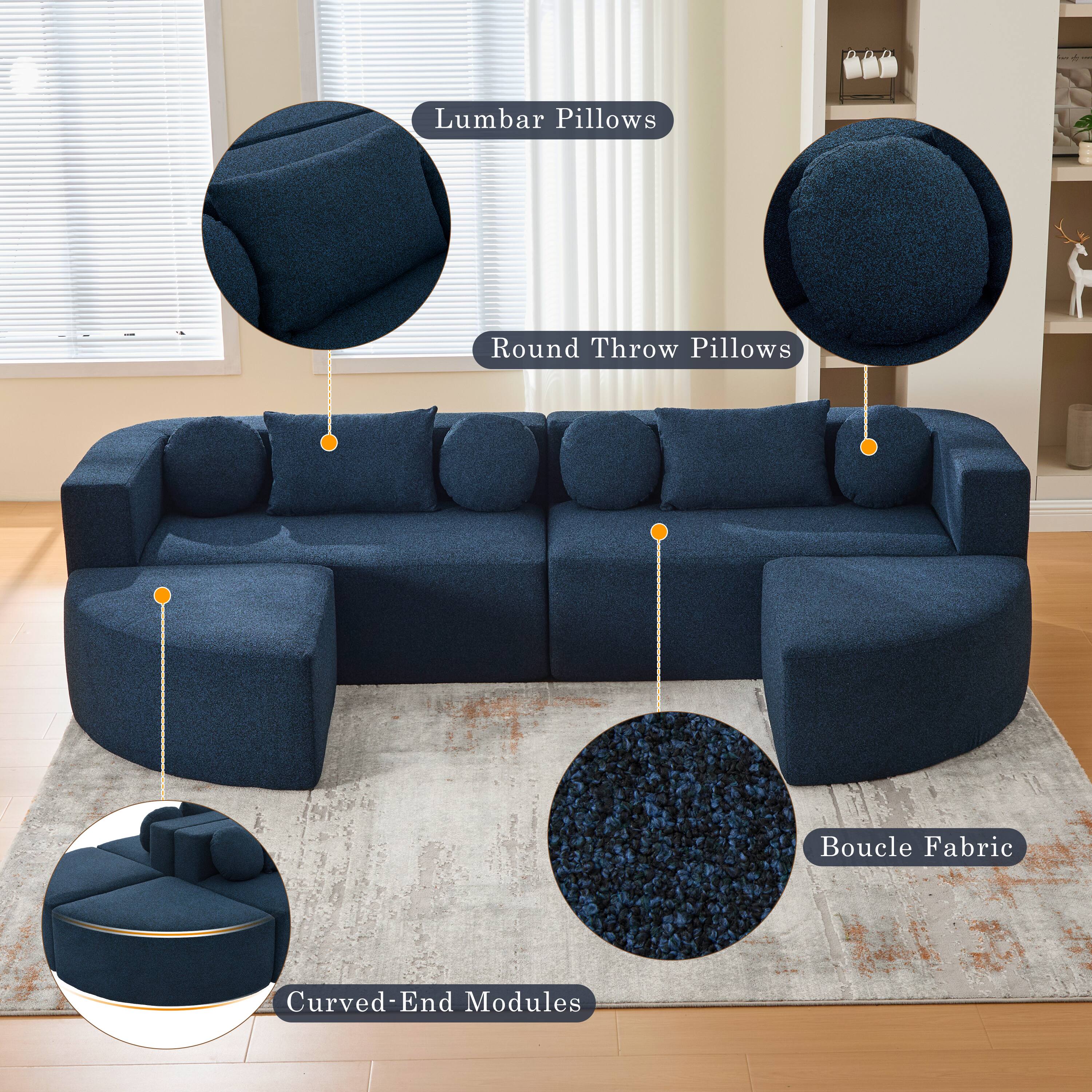 - Lumbar Pillows
- Round Throw Pillows
- Boucle Fabric
- Curved-End Modules