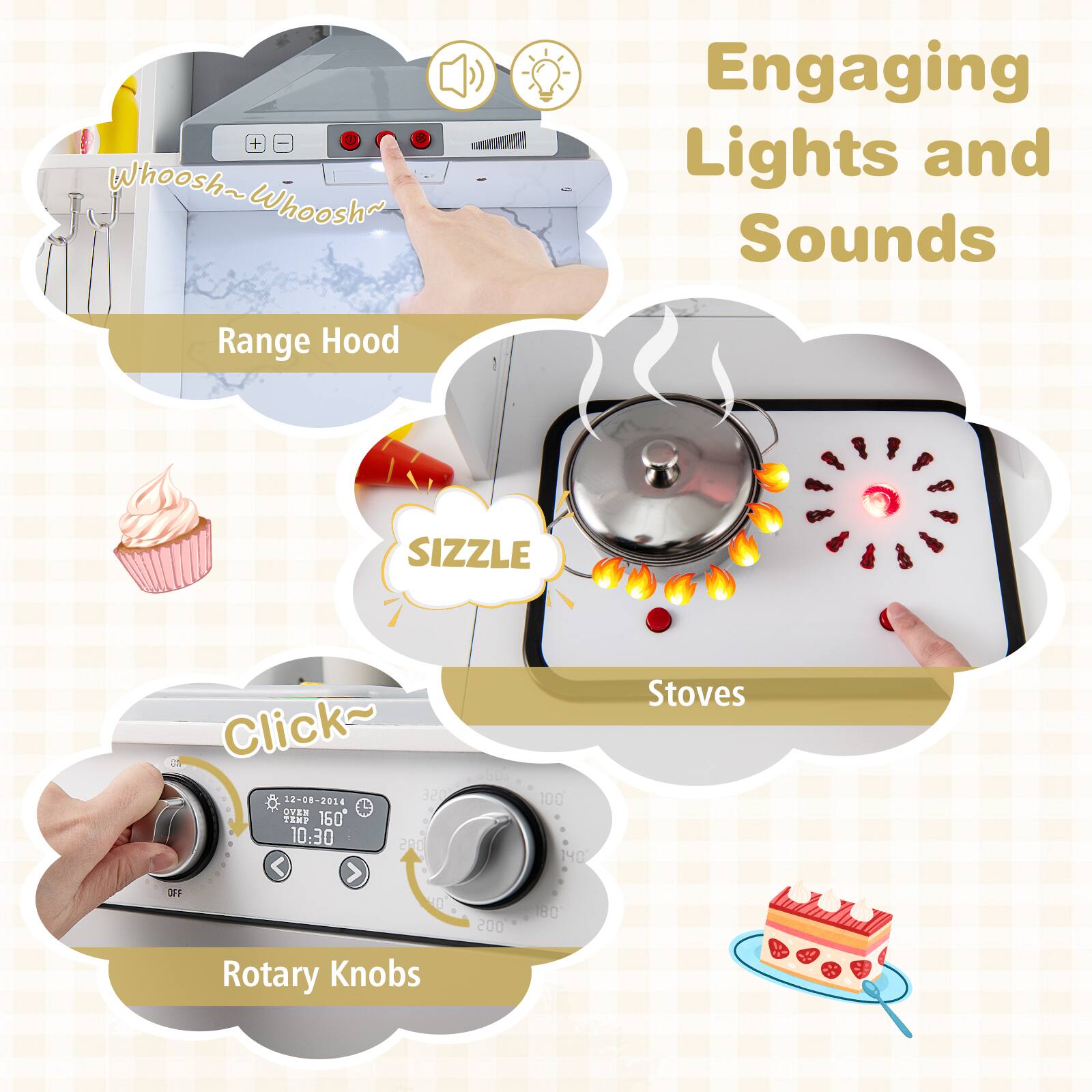 - Whoosh~Whoosh~ Range Hood
- Engaging Lights and Sounds
- Sizzle
- Click~
- Rotary Knobs
- Stoves
- 12-08-2014 320 OTRE 7 TEMP 160 10:30 2RO 2500 100 40 Stoves OFF 0 200 80