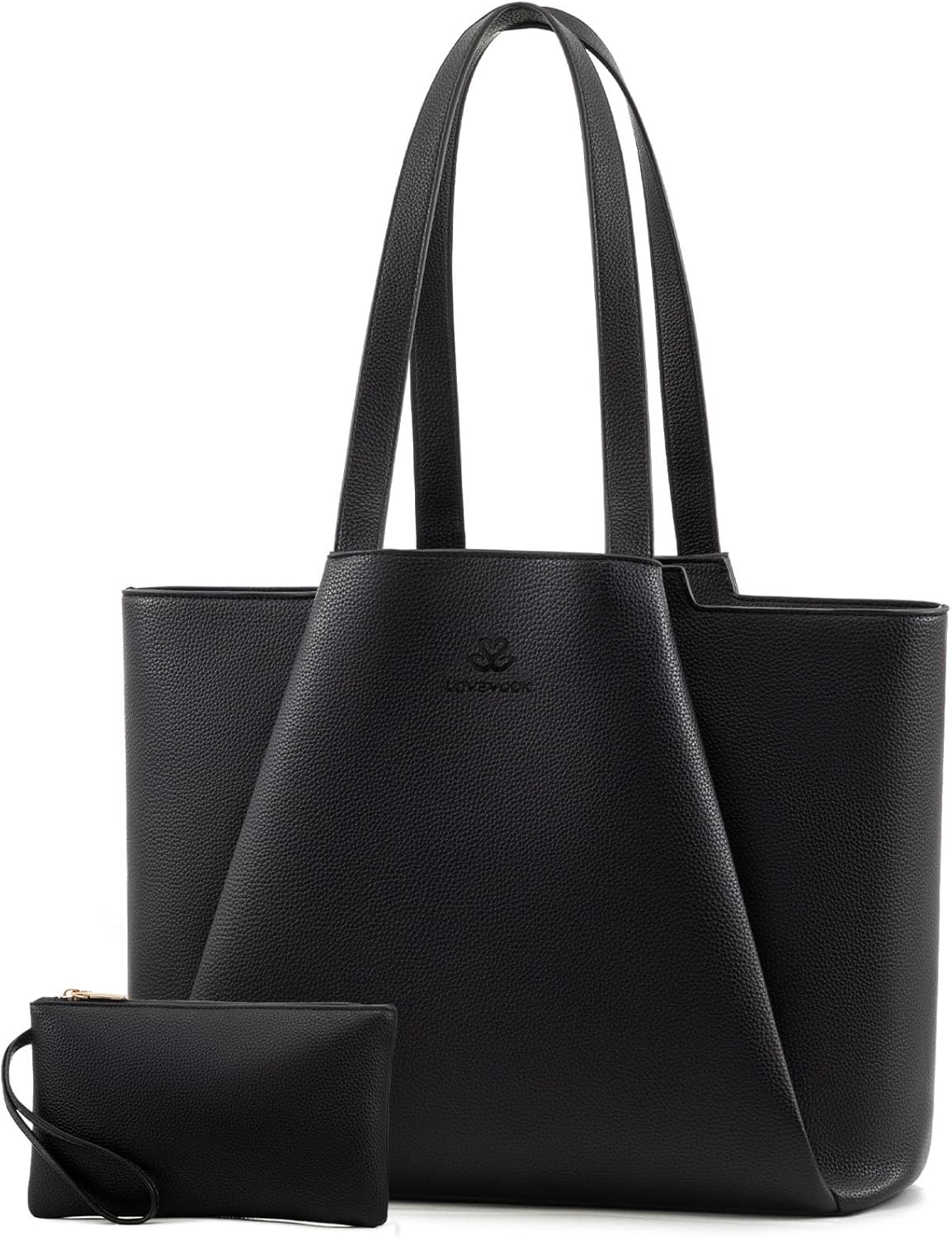 Front. Vulpecula Spade - Work Tote Bags for Women - PU Leather Laptop Tote Bag for Women with Clutch - Black.