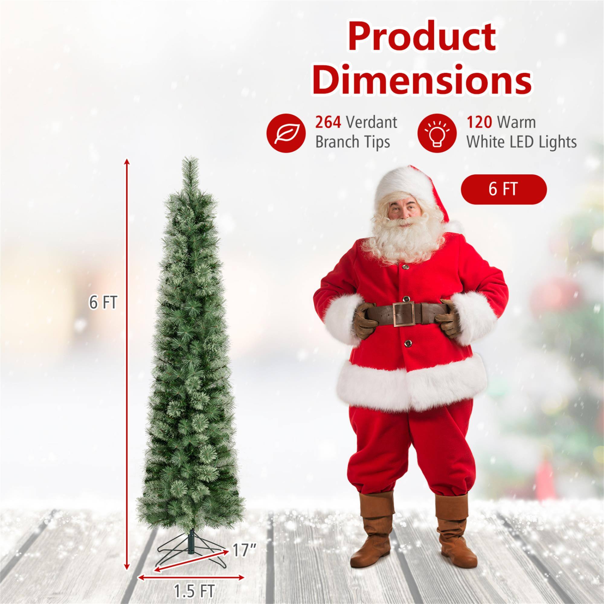 Product Dimensions: 264 Verdant Branch Tips, 120 Warm White LED Lights, 6 FT, 17", 1.5 FT