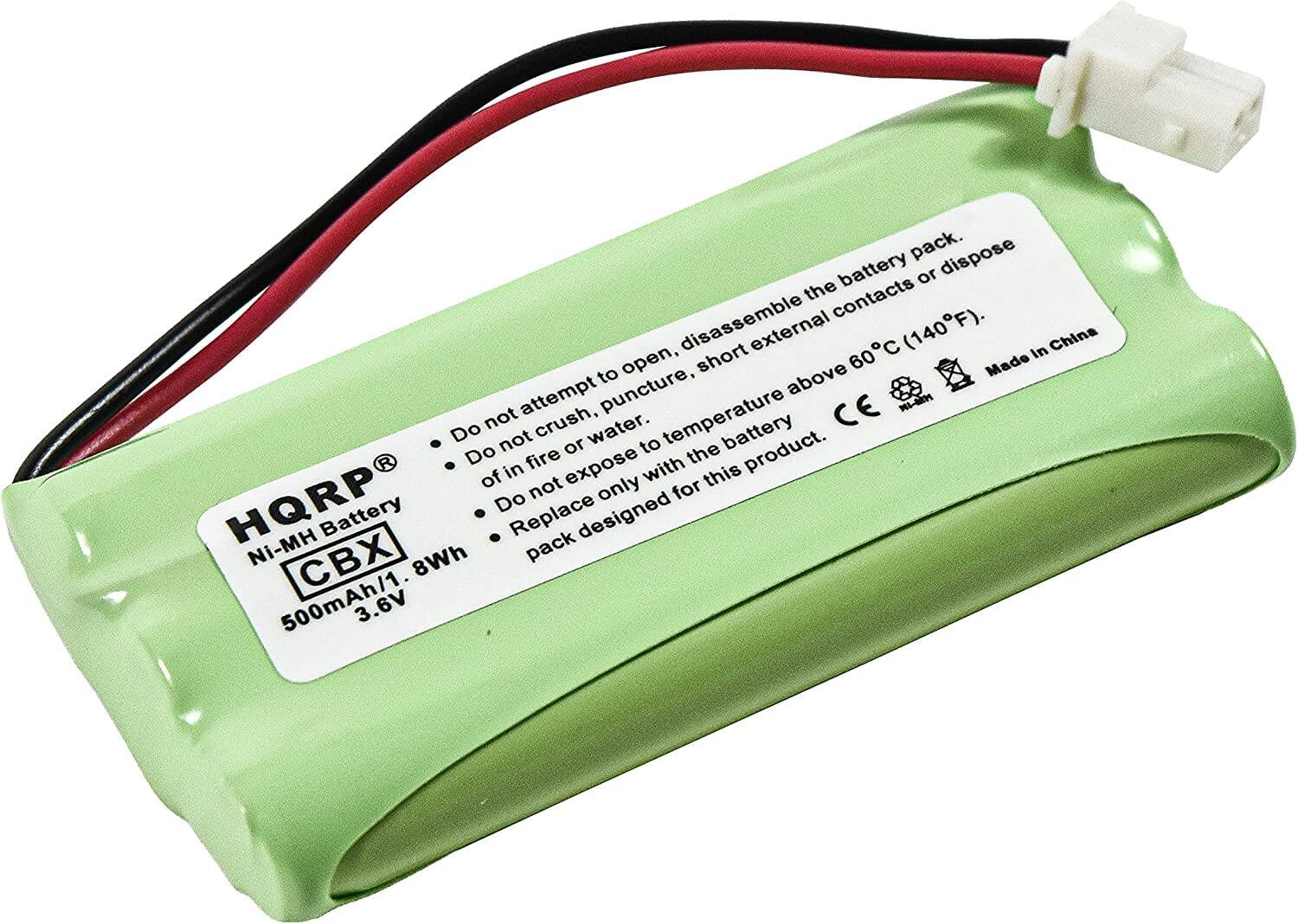 - Do not attempt to open, puncture, short external contacts or dispose of in fire or water.
- Do not expose to temperature above 60°C (140°F).
- Replace only with this product.
- Pack designed for HQRP Ni-MH Battery CBX 500mAh/1.8Wh 3.6V
- Made in China
- CE