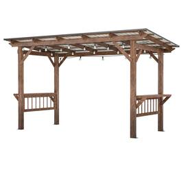 Mondawe - 13x6 FT Wooden Pergola Grill Gazebo with Metal Roof & Bulbs & Bar Counters - Brown