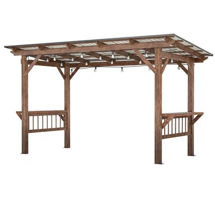 Front. Mondawe - 13x6 FT Wooden Pergola Grill Gazebo with Metal Roof & Bulbs & Bar Counters - Brown.