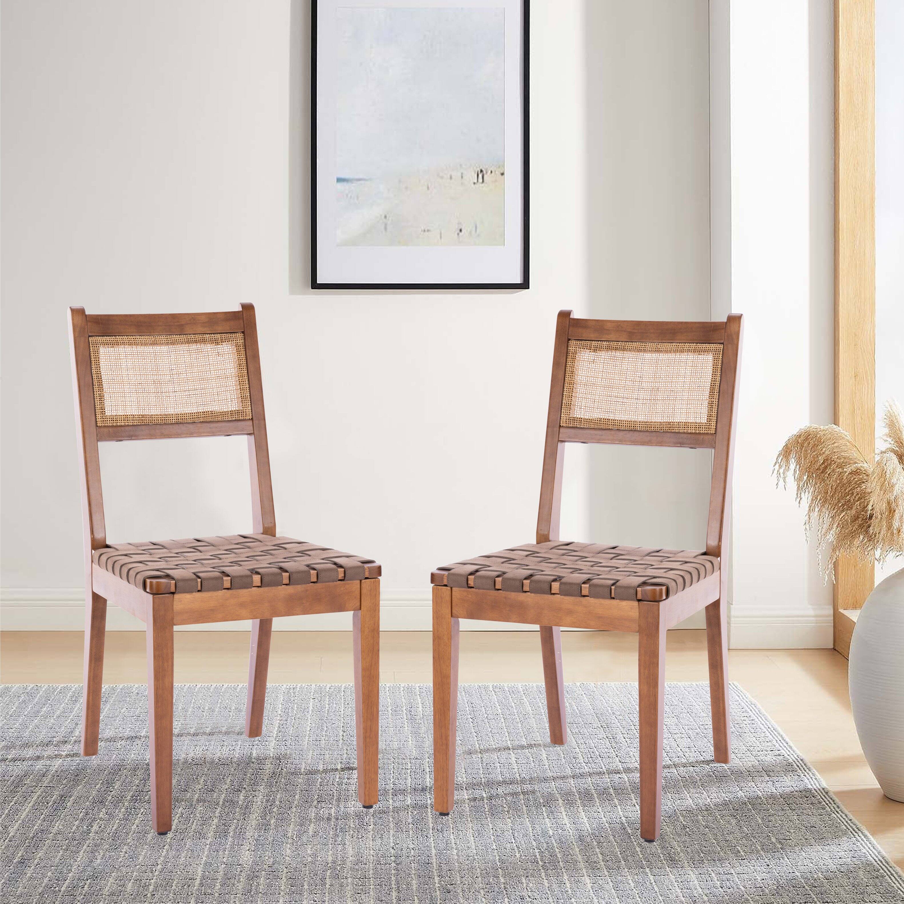 Angle. TinyHomie - Rattan Leather Woven Strips Kitchen Dining chair Living Room Side Chairs 18 Inch K/D set of 2 - Brown.