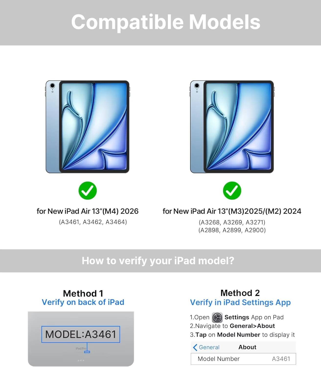 Compatible Models for New iPad Air 13" (M4) 2026 (A3461, A3462, A3464)  
for New iPad Air 13" (M3) 2025/(M2) 13" 2024 (A3268, A3269, A3271) (A2898, A2899, A2900)

How to verify your iPad model?

**Method 1**  
Verify on back of iPad

**Method 2**  
Verify in iPad Settings App  
1. Open Settings App on iPad  
2. Navigate to General > About  
3. Tap on Model Number to display it

General  
About  
Model Number: A3461