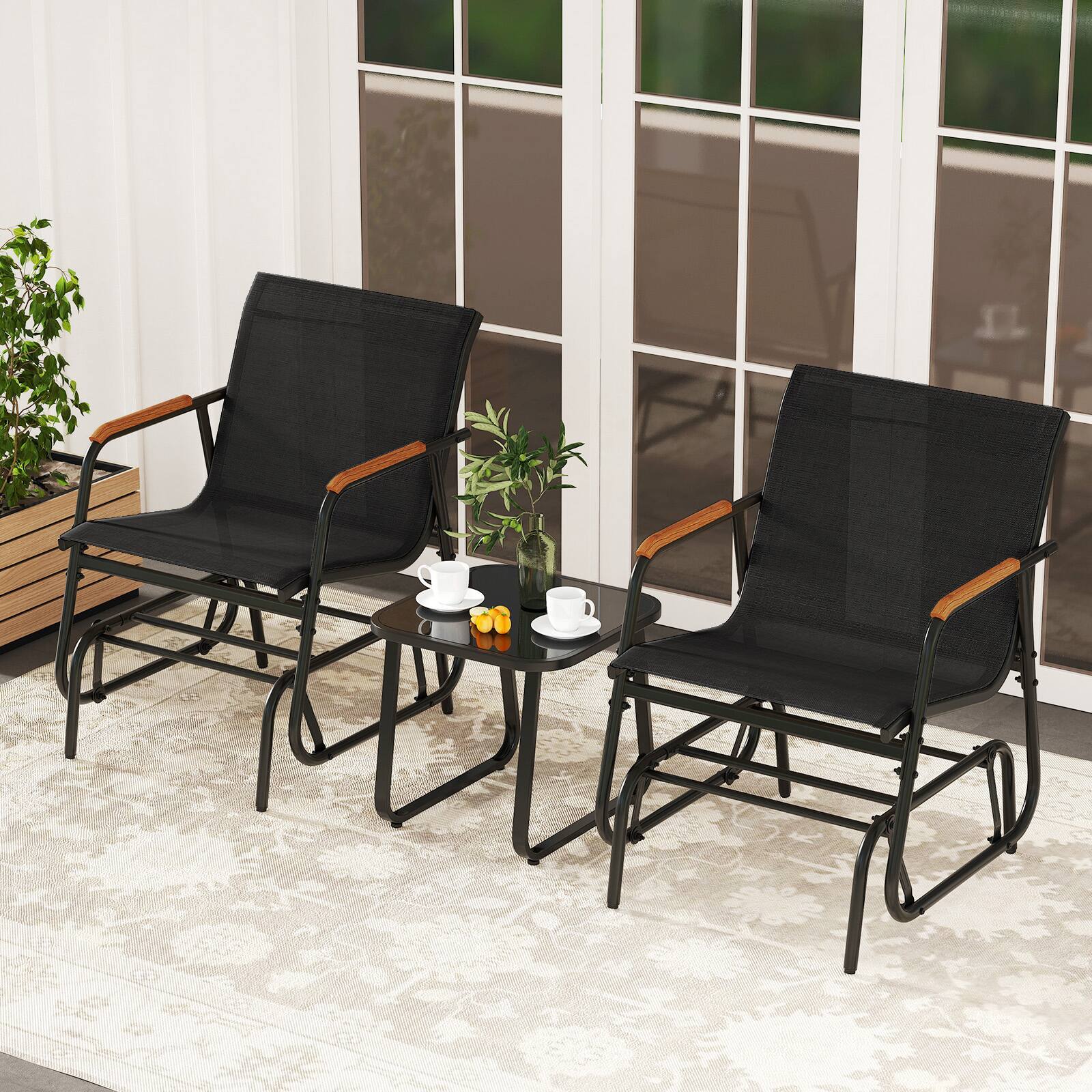Alt View 3. Gymax - Gymax 3 Piece Outdoor Gliding Set w/ Tempered Glass Coffee Table Teak Wood Armrests Black - Black.