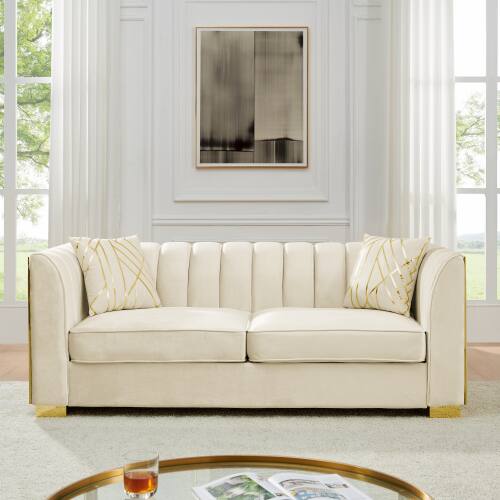 Angle. Anysun - 81" 3-Seat Velvet Chesterfield Sofa with 2 Pillows - Button Tufted, Gold Stainless Steel Accents for Living Room. - Beige.