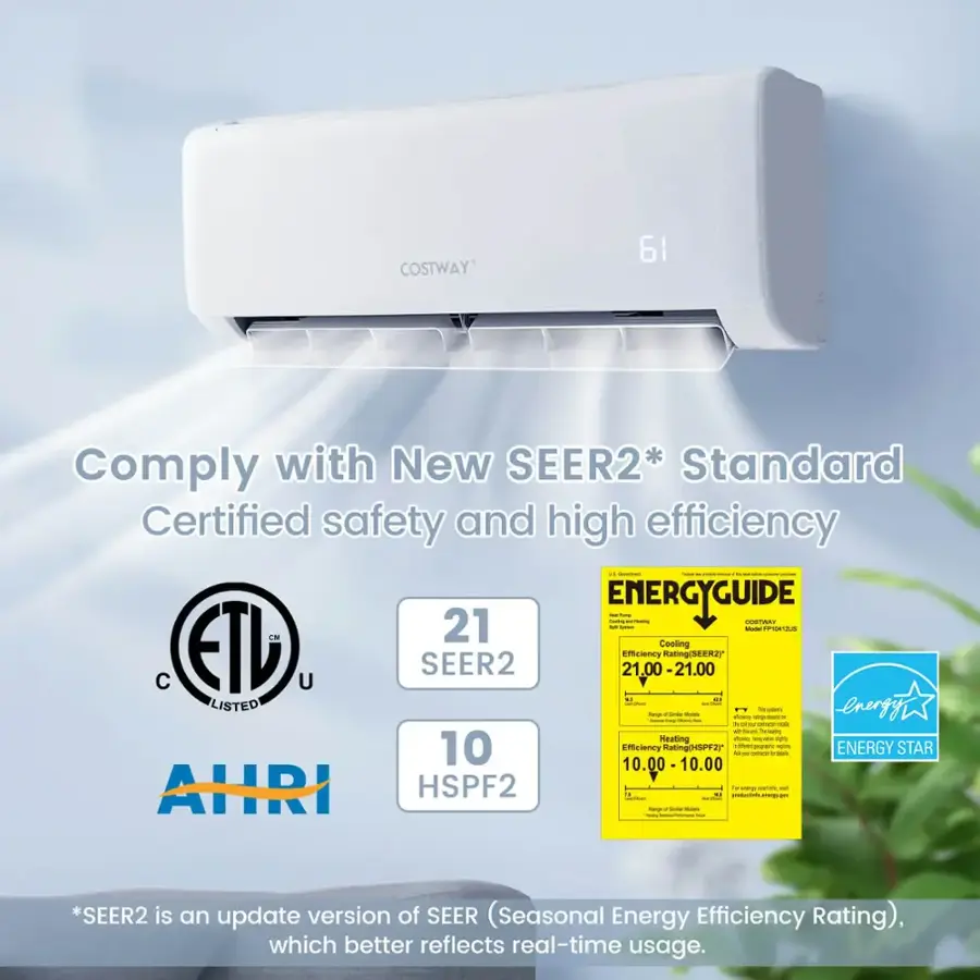 The text on the image is grouped and corrected as follows:

"Costway 61 Comply with New SEER2* Standard Certified safety and high efficiency ... ENERGYGUIDE I - - COSTWAY  21.00 - 21.00 C.U.I. Listed - - energy - - - - to 1 - Heating - - 10.00 - 10.00 AHRI HSPF2: ... SEER2 is an update version of SEER (Seasonal Energy Efficiency Rating), which better reflects real-time usage."