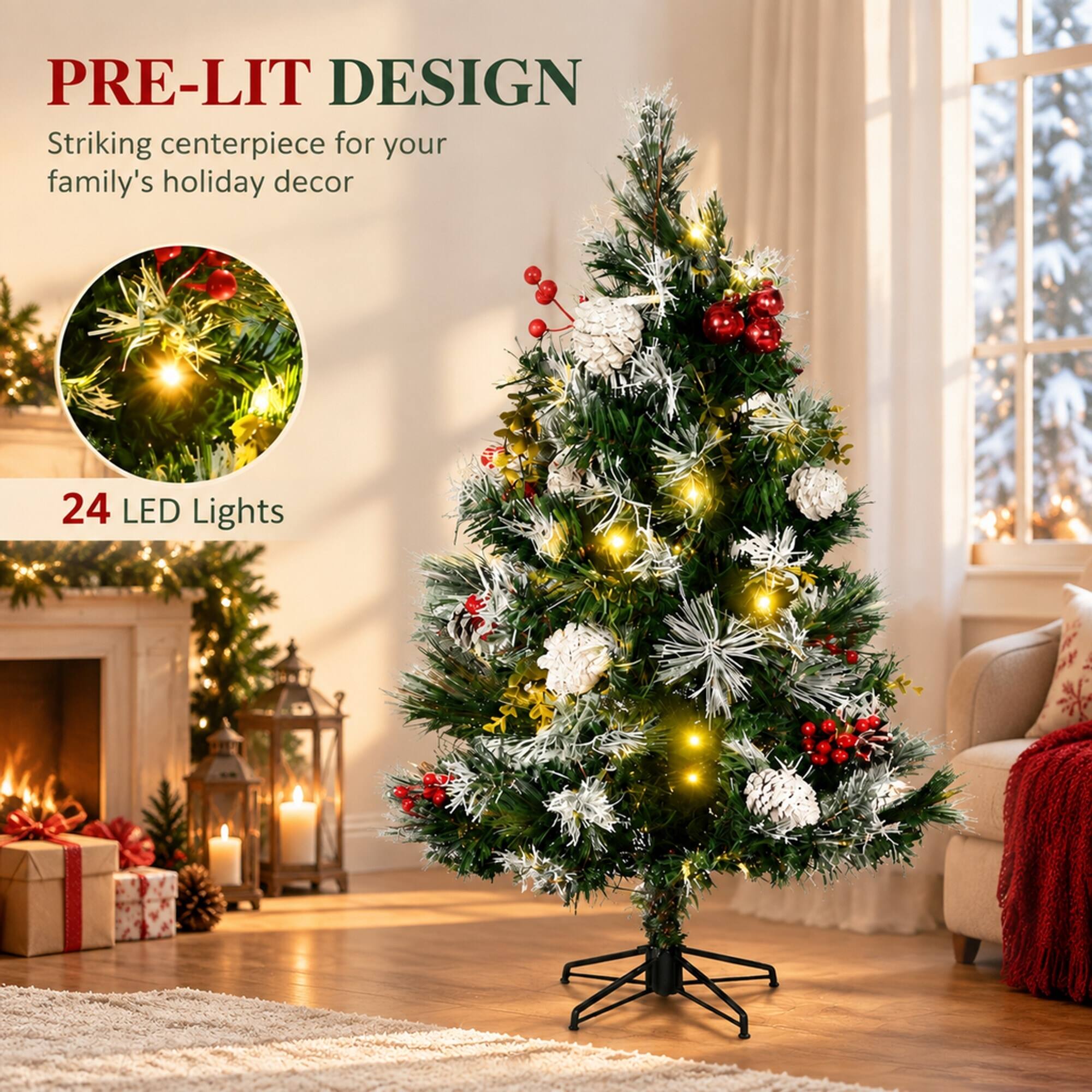 PRE-LIT DESIGN  
Striking centerpiece for your family's holiday decor  
24 LED Lights