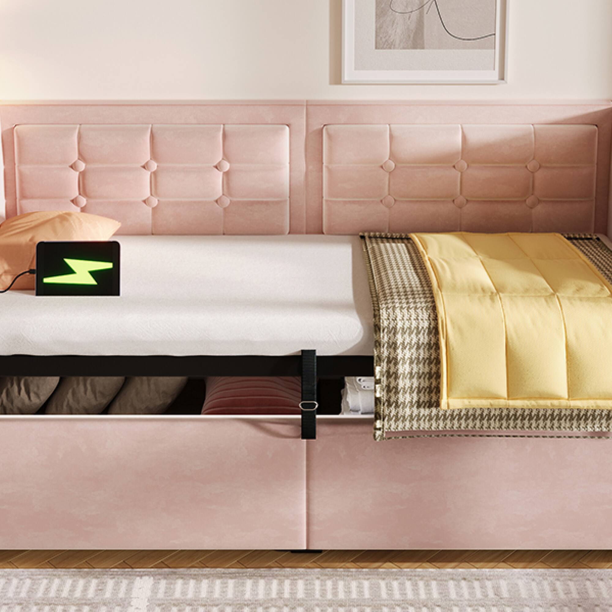 Alt View 1. GOODSILO - Upholstered Twin Size Daybed with Hydraulic Storage and USB Charging, Tufted Sofa Back Design - Pink.