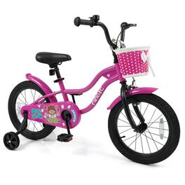 Costway - 16" Kids Bike with Training Wheels, Basket, Hand & Coaster Brakes, Adjustable Seat - Rosy