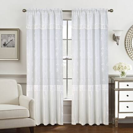Front. RT Designers Collection - RT Designers Collection Pia Embroidered Panel With Double Valance 54'' x 90'' White - White.