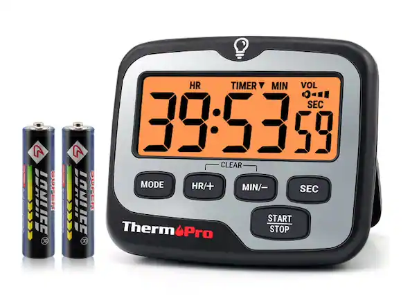 A UNEE MANIICE!
R HR TIMER MIN VOL - SEC N 39:53.59 CLEAR MODE HR/+ MIN/- SUPER SEC .ULEE MANIICE
ThermoPro START STOP