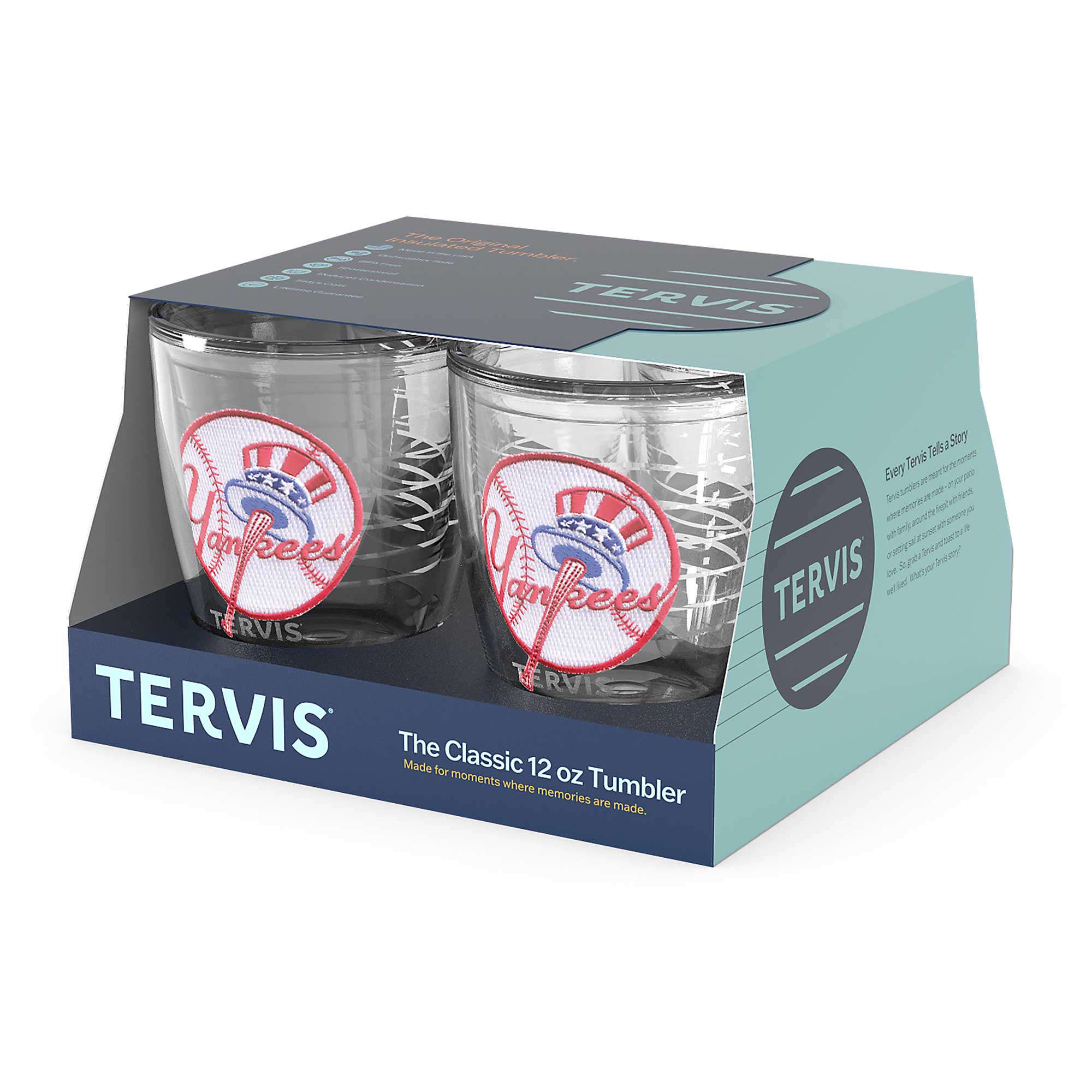 TERVIS  
The Classic 12 oz Tumbler  
Made for moments where memories are made.  

Every Tervis Tells a Story  
The Tervis Tumbler is more than just a cup. It's a story. A story of moments, memories, and milestones. It's a story of love, laughter, and life. It's a story of you.  

The Yankees  
TERVIS