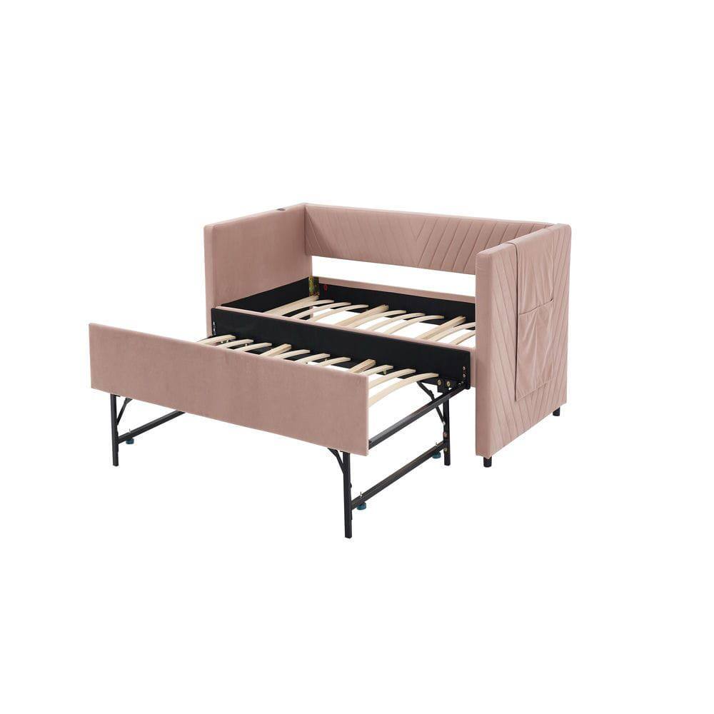 Alt View 8. Kadyn - Twin Upholstered Daybed with Trundle, USB Port & Side Pockets, Modern V-Grain Backrest, No Box Spring - Pink.
