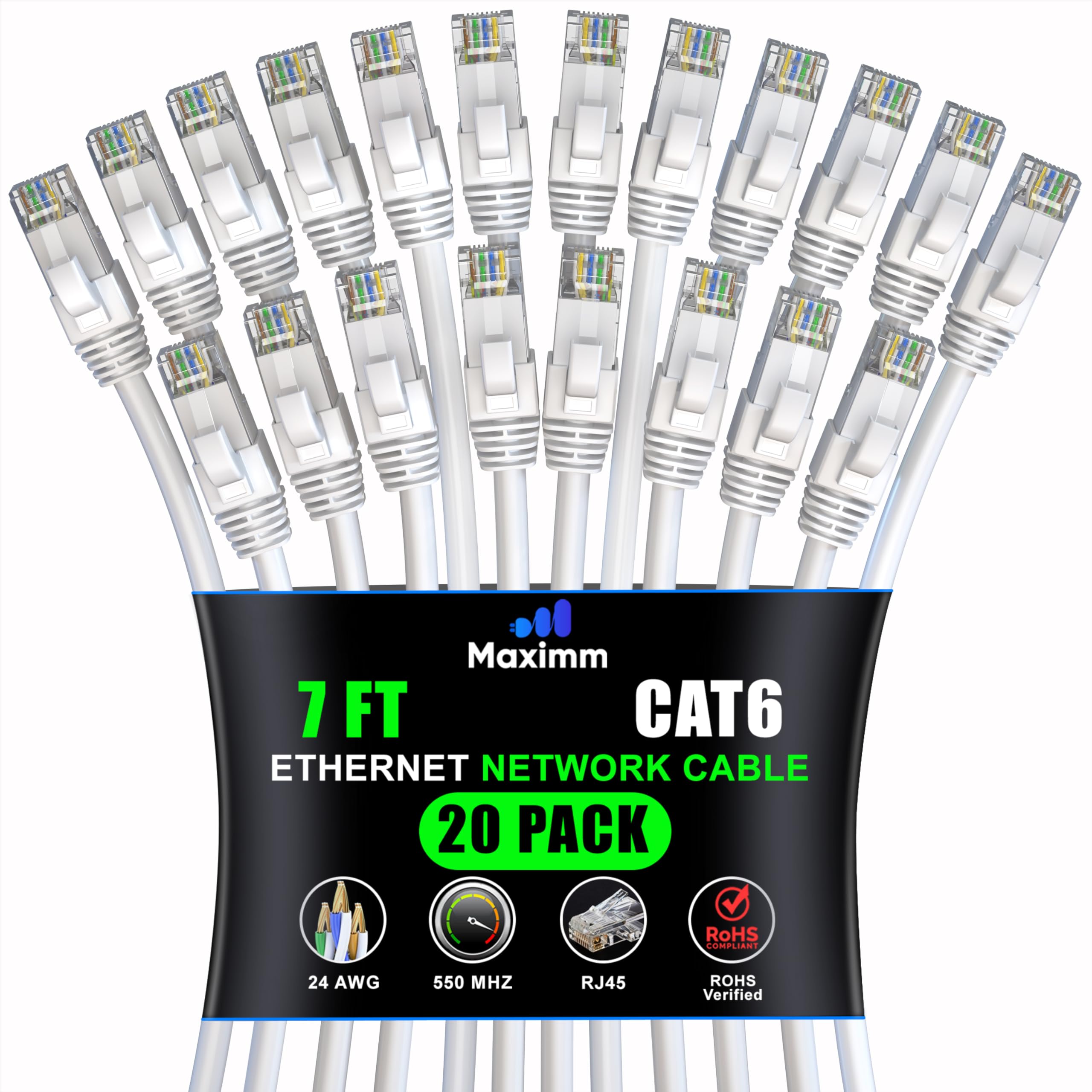 Maximm Cat 6 Ethernet Cable 7 ft (20 Pack) UTP, 10Gbps, 550MHz CAT6CCA ...