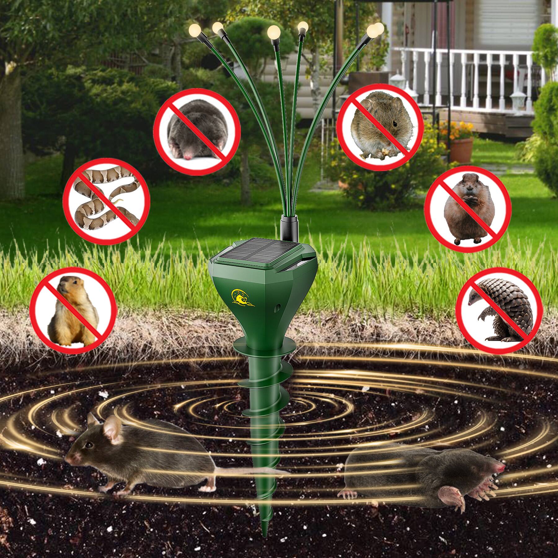 Back. Yardgrace - 4 Pack Solar Ultrasonic Mole Repellent Swaying Lights IP65 Waterproof Yard Pest Control Groundhog Vole Chipmunk - Green.