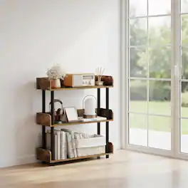 Pefilos - 3-Tier Bookshelf with Anti-Tipping Kit, Industrial Storage Unit for Living Room, Sturdy Support Pillars - Brown