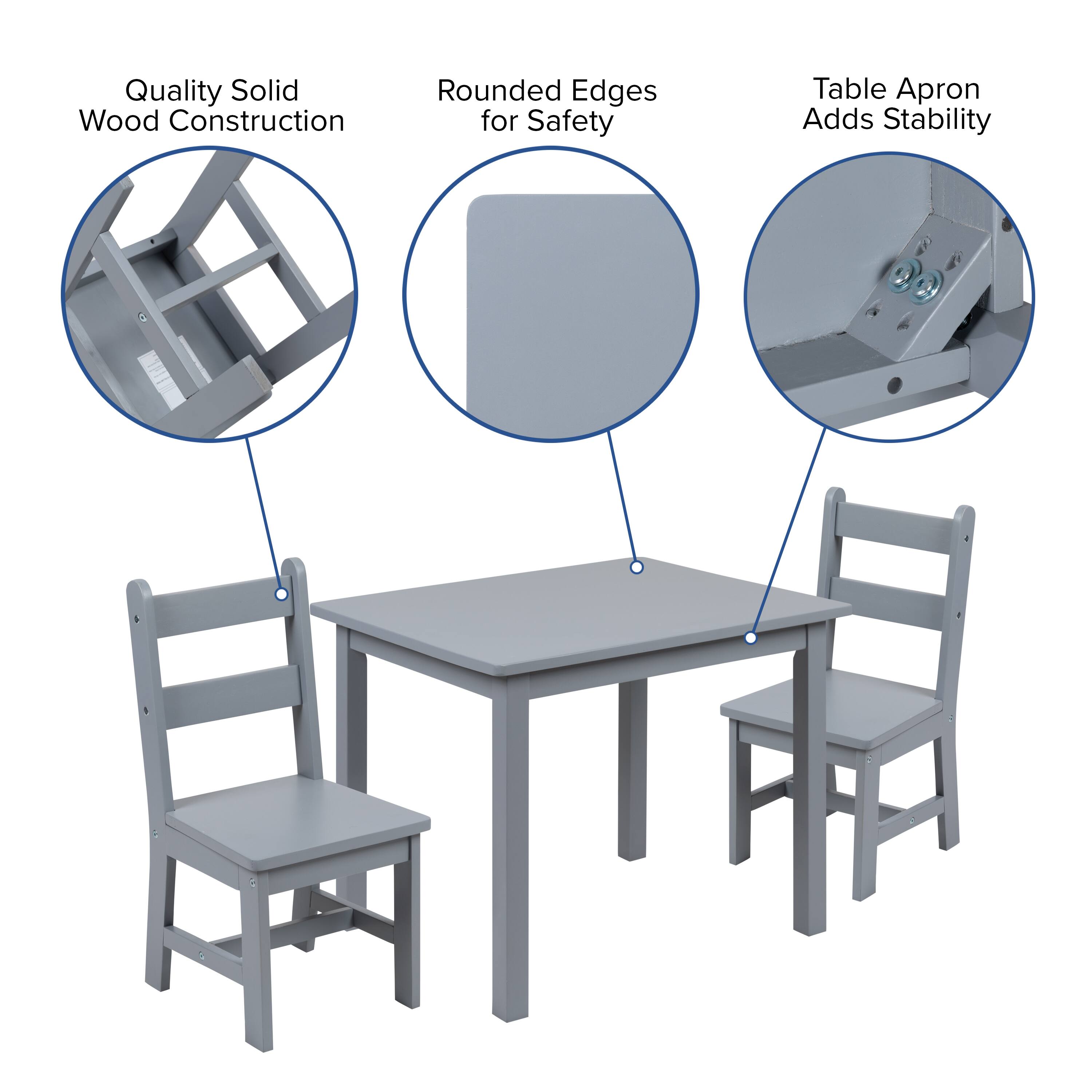 Quality Solid Wood Construction  
Rounded Edges for Safety  
Table Apron Adds Stability