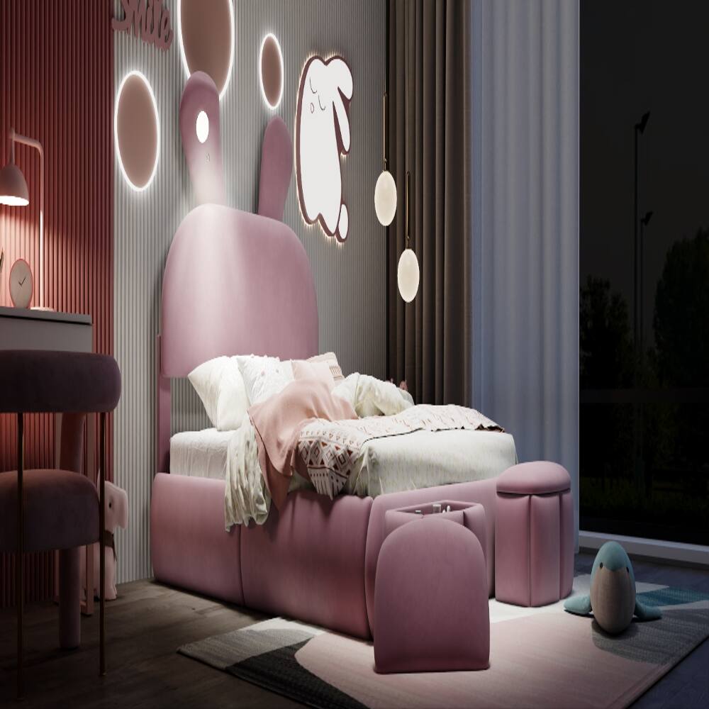 Alt View 8. Loheer - Loheer Full Size Platform Bed Pink Upholstered Cartoon Ears Headboard Kids Velvet Bed with LED Light - Pink.