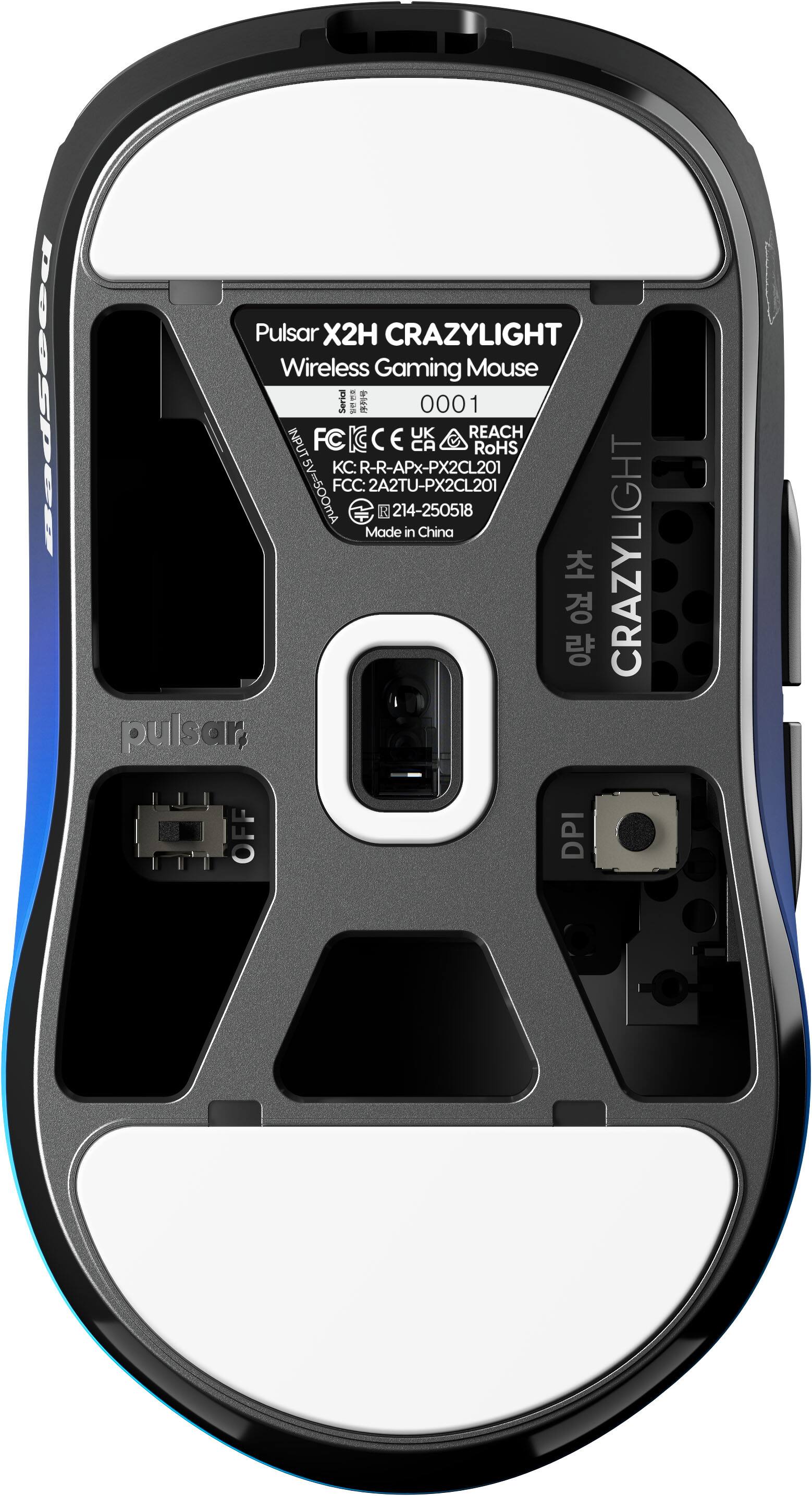 Dasspes Pulsar X2H CRAZYLIGHT Wireless Gaming Mouse  
Serial: aE 0001  
UK REACH  
INPUT: 5V=500mA  
FC: C22714-PX2CL201  
IC: 214-250518  
FCC: 2A2TU-PX2CL201  
KC: R-R-APx-PX2CL201  
Made in China  

CRAZYLIGHT Pulsar X2H  
Wireless Gaming Mouse  
CRAZYLIGHT  
OFF DPI