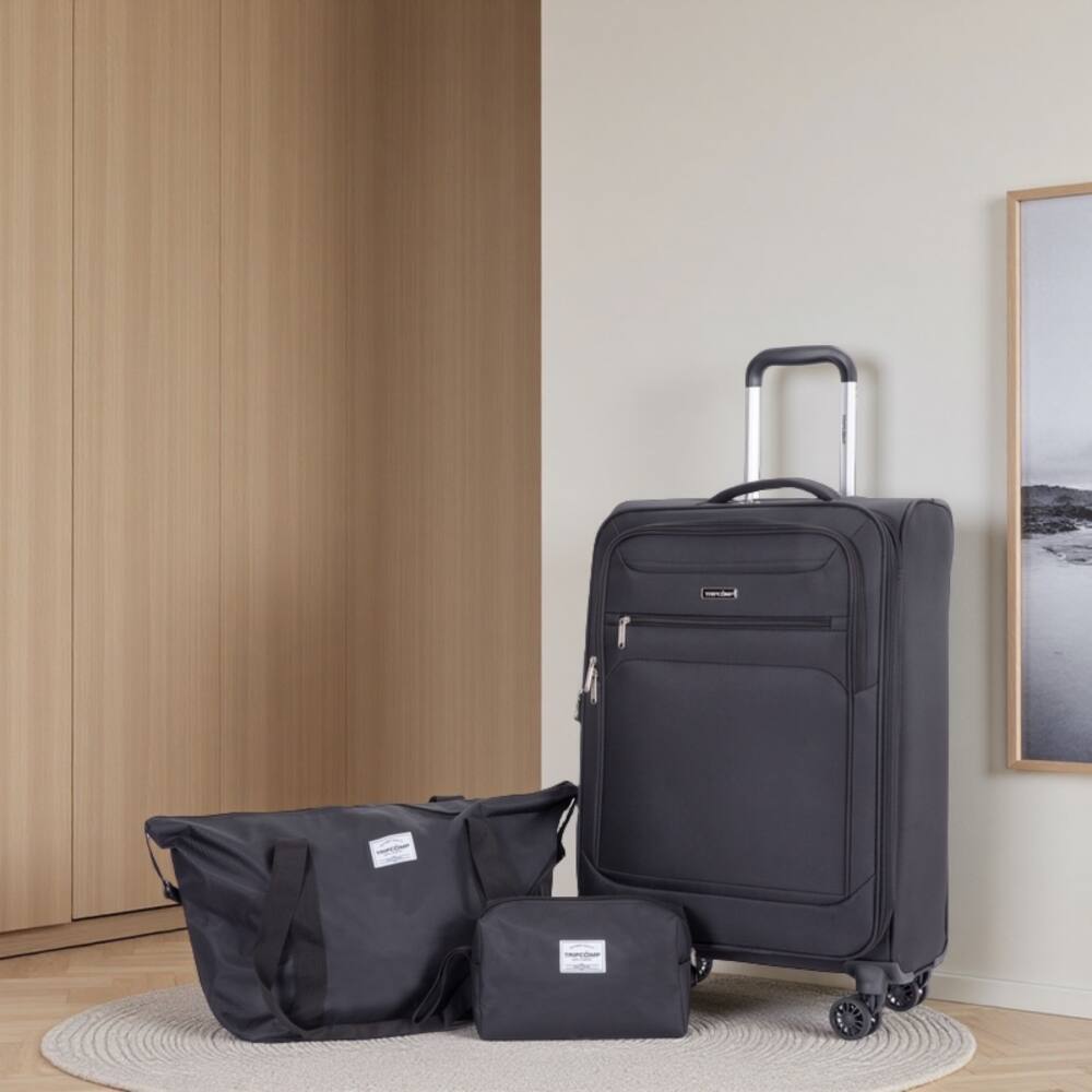 Angle. BreeBe - Softshell Suitcase Spinner Wheels Set with Terylene Polyester,18-Inch, Travel and Toiletry Bag - Black.