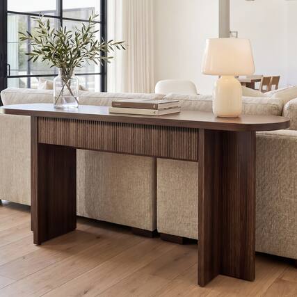 Front. Whisen - 63-Inch Console Table with 2 Drawers, Modern Fluted Entryway Table for Hallway Living Room-Brown - Brown.