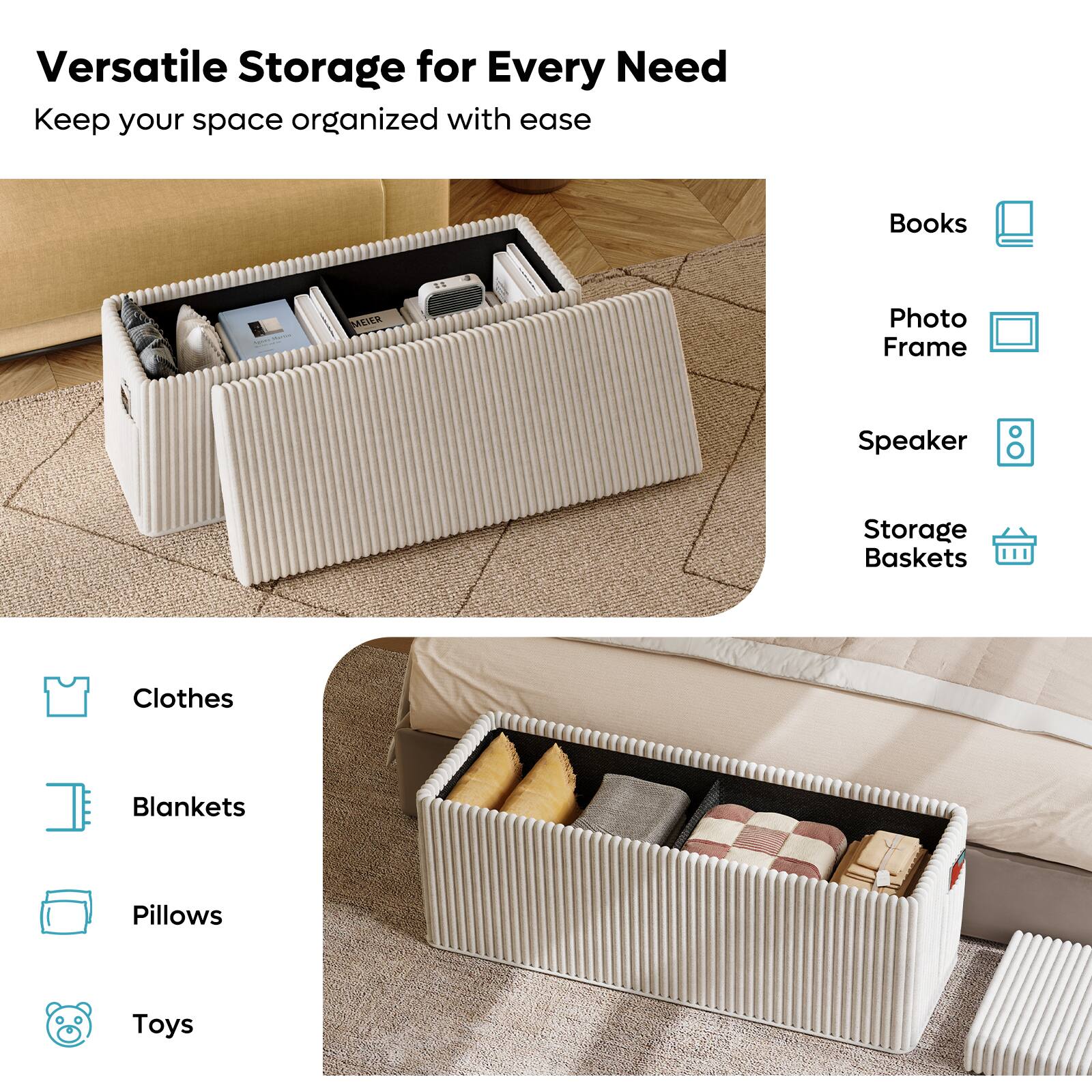 Books - Photo Frame - Speaker - Storage Baskets - Clothes - Blankets - Pillows - Toys