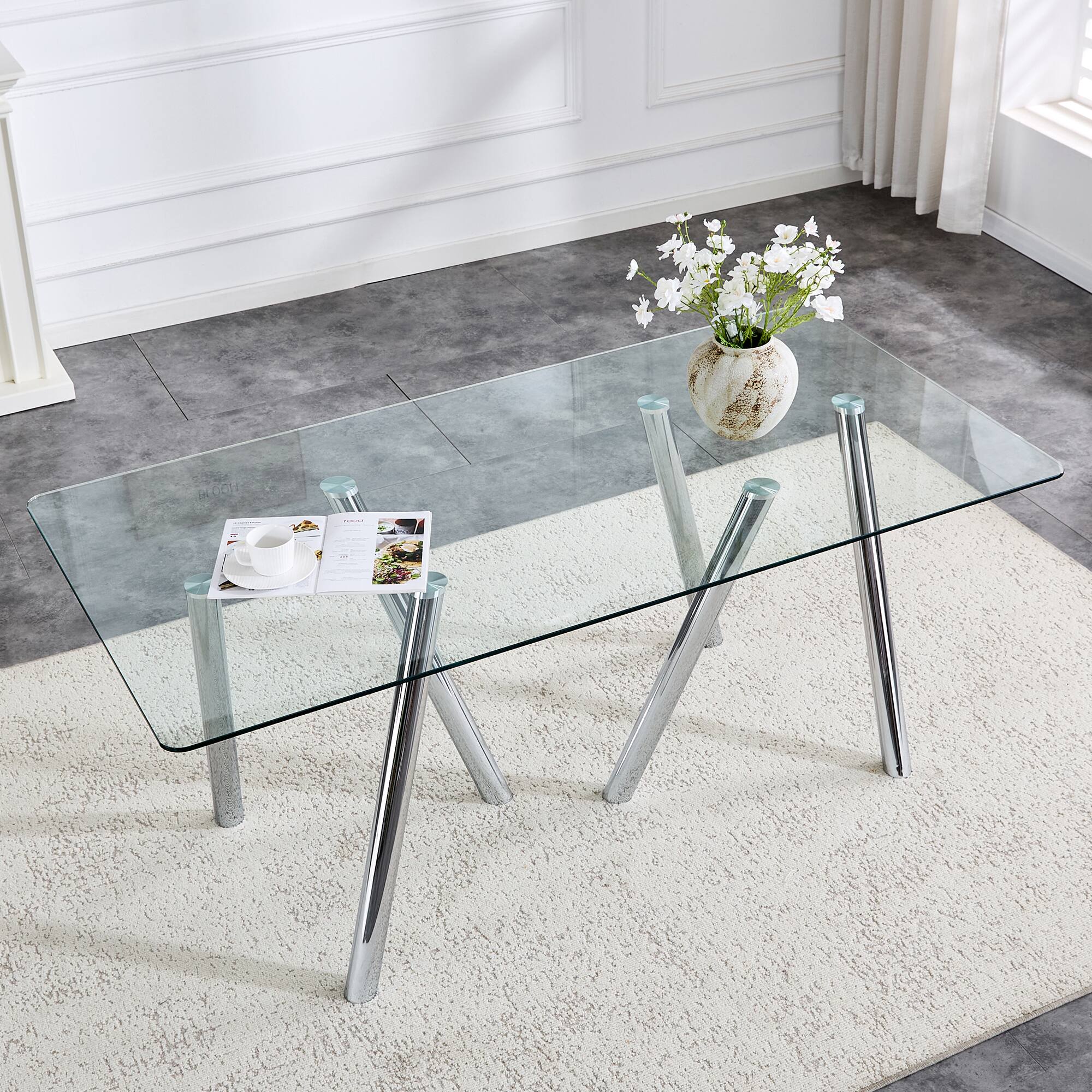 Left. Loheer - Loheer- 5.9x3 Ft Modern Rectangular Dining Table Large Kitchen Table for 6 to 8 Seater Family Meals - Silver.