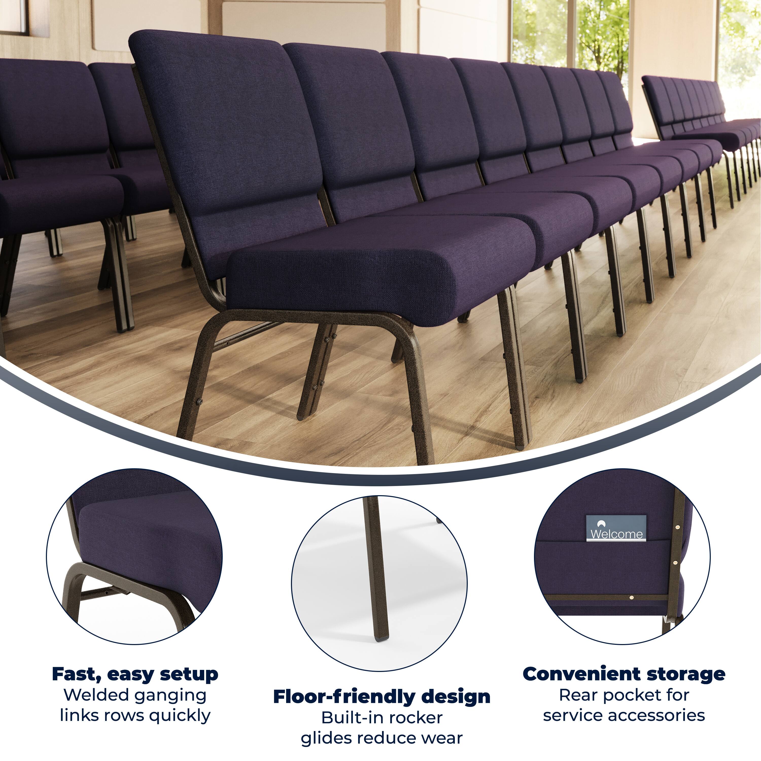 Fast, easy setup  
Welded ganging links rows quickly  
Floor-friendly design  
Built-in rocker glides reduce wear  
Convenient storage  
Rear pocket for service accessories