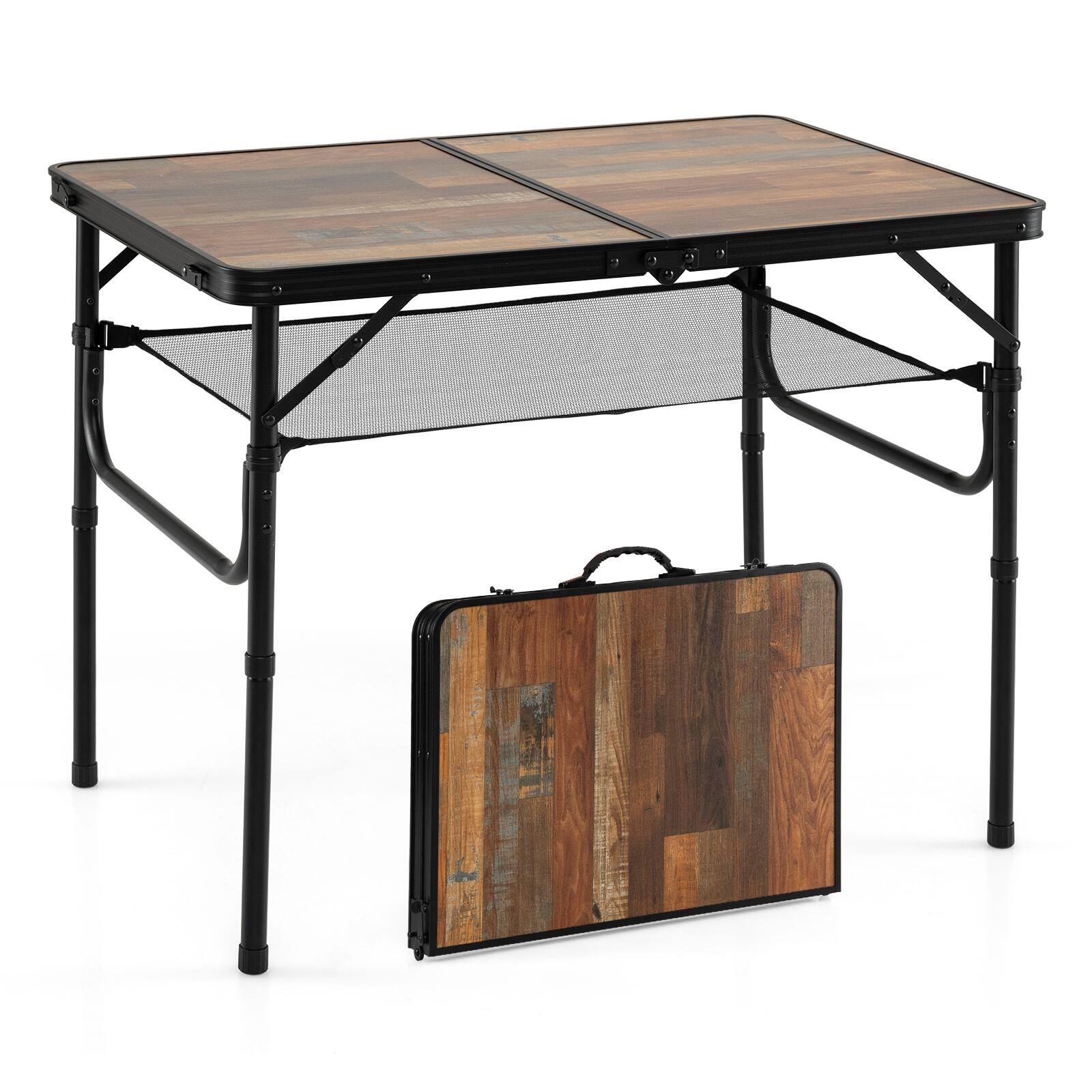Alt View 9. Gymax - Gymax 3 FT Folding Camping Table w/Adjustable Heights Storage Net & Carry Handle - Brown.