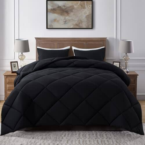Front. Cedar Assembly - Full Comforter Set With 2 Pillow Shams 3 Pieces Bed Quilted Down Alternative Lightweight All Season Bedding - Black-Queen.