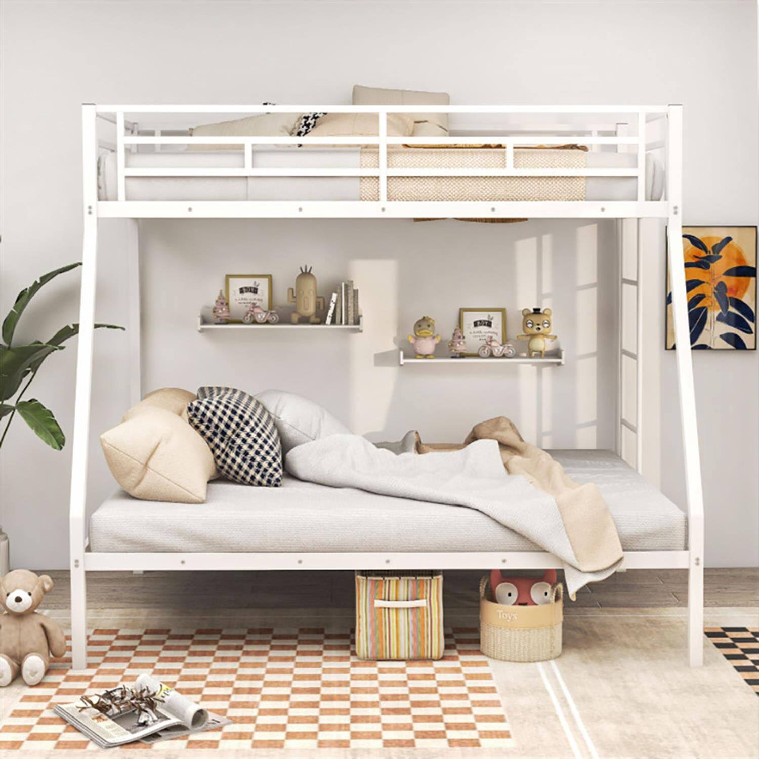 Back. Pefilos - Twin Over Full Bunk Bed with Safety Rail and Ladder, Twin Bunk Beds, Space-saving Metal Slatted Bed Frame, No Box Spring - White.