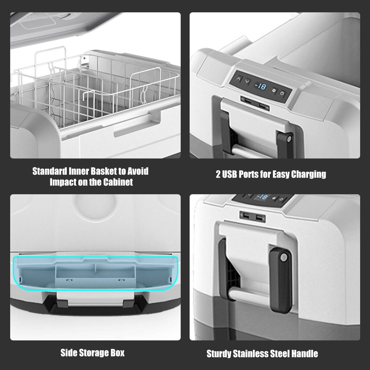 The image features a dishwasher with a side storage box, sturdy stainless steel handle, and two USB ports for easy charging. The dishwasher also has an interior basket to avoid impact on the cabinet.