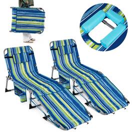 Gymax - 2PCS Tanning Chair w/Face Arm Holes 4-Level Backrest & Head Pillow Side Pocket - Blue