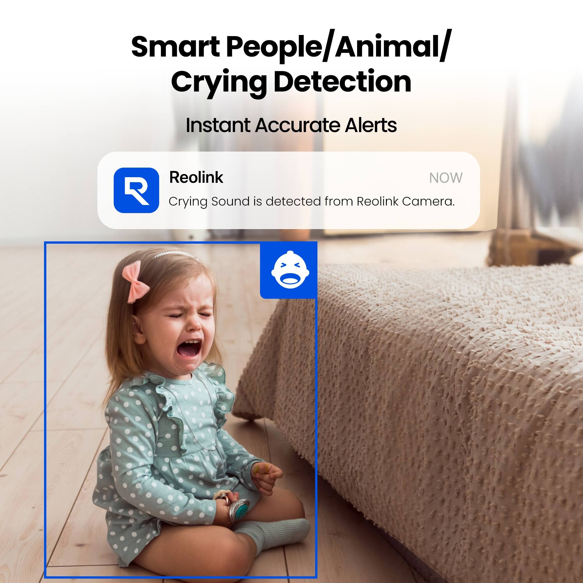 Smart People/Animal/Crying Detection  
Instant Accurate Alerts  

Reolink  
NOW  
Crying Sound is detected from Reolink Camera.