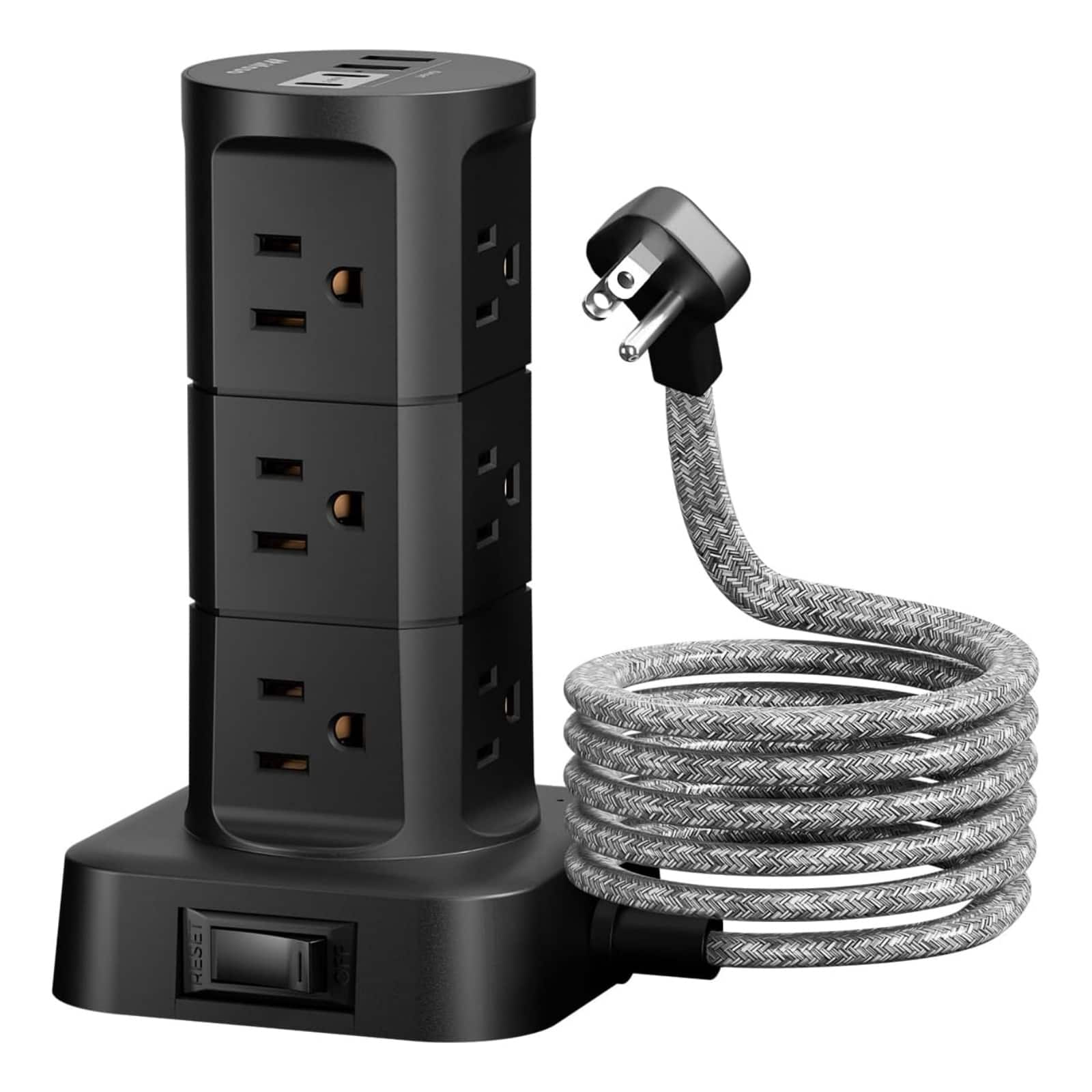 Dazzed Corner - Tower Surge Protector – 12 Outlets, 4 USB, 6Ft Flat Cord - Black