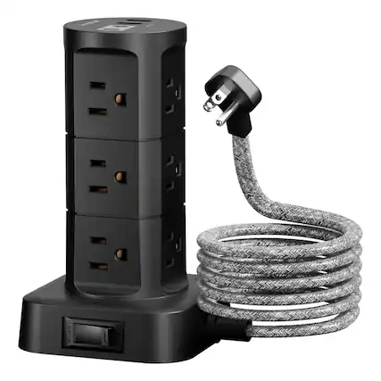 Front. Dazzed Corner - Tower Surge Protector – 12 Outlets, 4 USB, 6Ft Flat Cord - Black.