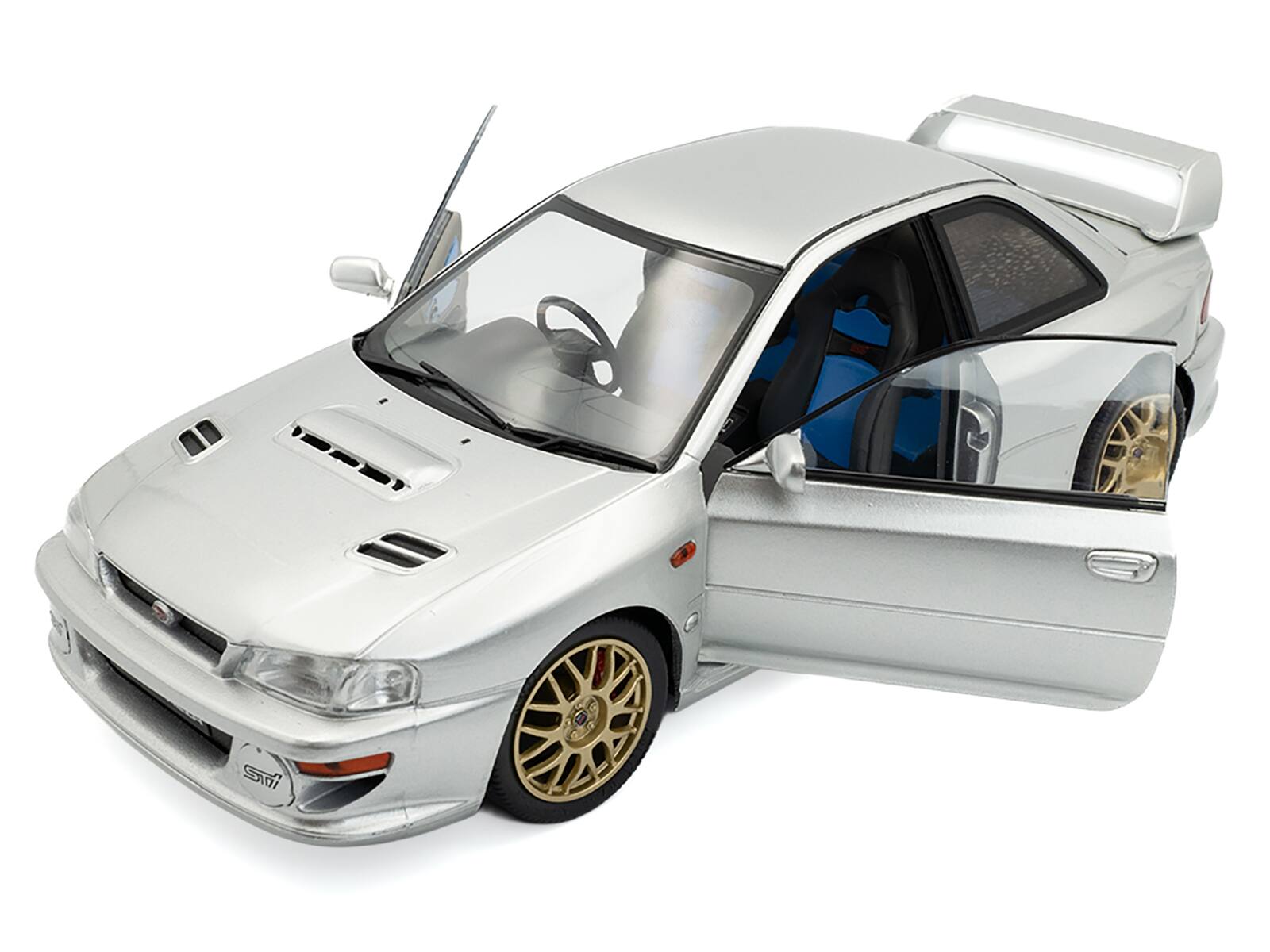 Angle. Solido - 1998 Subaru Impreza 22B RHD (Right Hand Drive) Silver Metallic with Gold Wheels 1/18 Diecast Model Car by Solido - Silver Metallic with Gold.