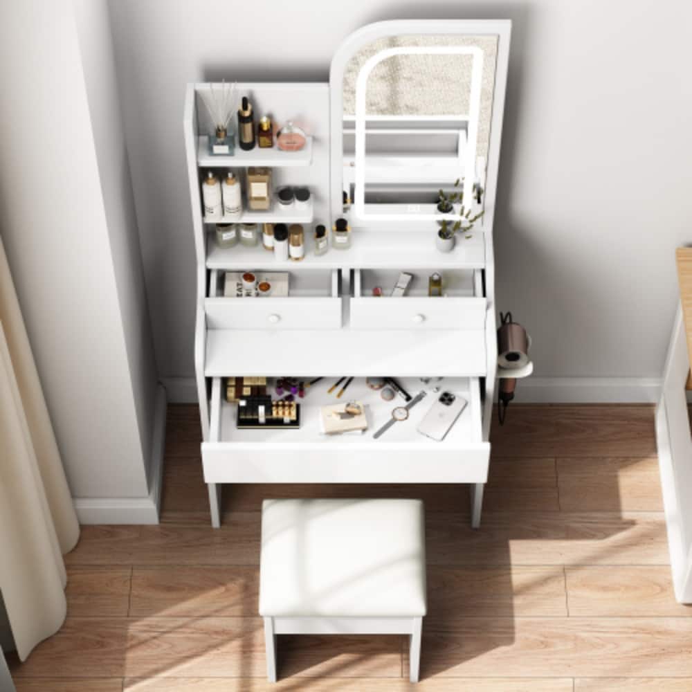 LUCKY ONE - Vanity Desk with 3-Color LED Mirror, Hair Dryer Holder, 3 Drawers and Chair for Bedroom - White
