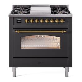 ILVE - Nostalgie II 36 inch Dual Fuel Range with 6 Burners and Griddle (Graphite Matte, Brass) - Graphite Matte