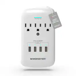 Monster - 3-Outlet Surge Protector with 4 USB-A Ports (4.2A), 300 Joules, Wall Mount - White