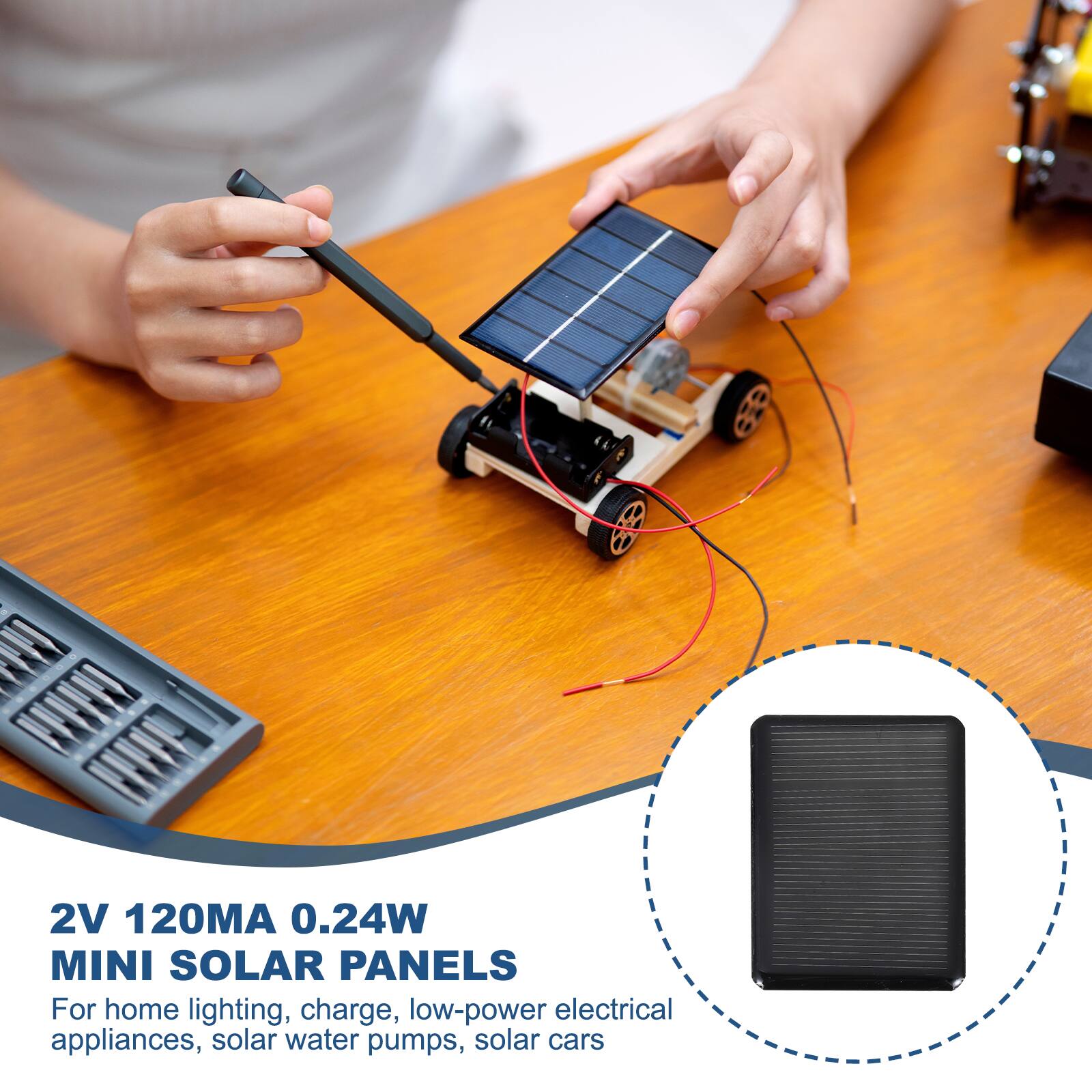 2V 120MA 0.24W MINI SOLAR PANELS  
For home lighting, charge, low-power electrical appliances, solar water pumps, solar cars