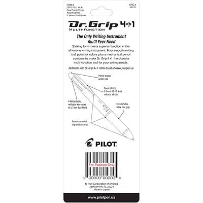 **Dr. Grip 4+1 MULTI-FUNCTION**

**The Only Writing Instrument YOU'll Ever Need**

Striking form meets superior function in this all-in-one writing instrument. Four smooth-writing ball point ink colors plus a mechanical pencil combine to make Dr. Grip 4+1 the ultimate tool for your writing needs.

**Features:**
- 4 refillable ink colors
- 1 mechanical pencil
- Comfortable grip
- Retractable cap
- Super smooth writing
- Convenient clip

**Refills:**
- 4 ink refills (0.7mm)
- 1 mechanical pencil refill (0.5mm)

**For Position Only**

**PILOT Corporation of Jackson, MI**

**www.pilotpen.us**

**UPC: 0 74000 00000 0**

**37224**