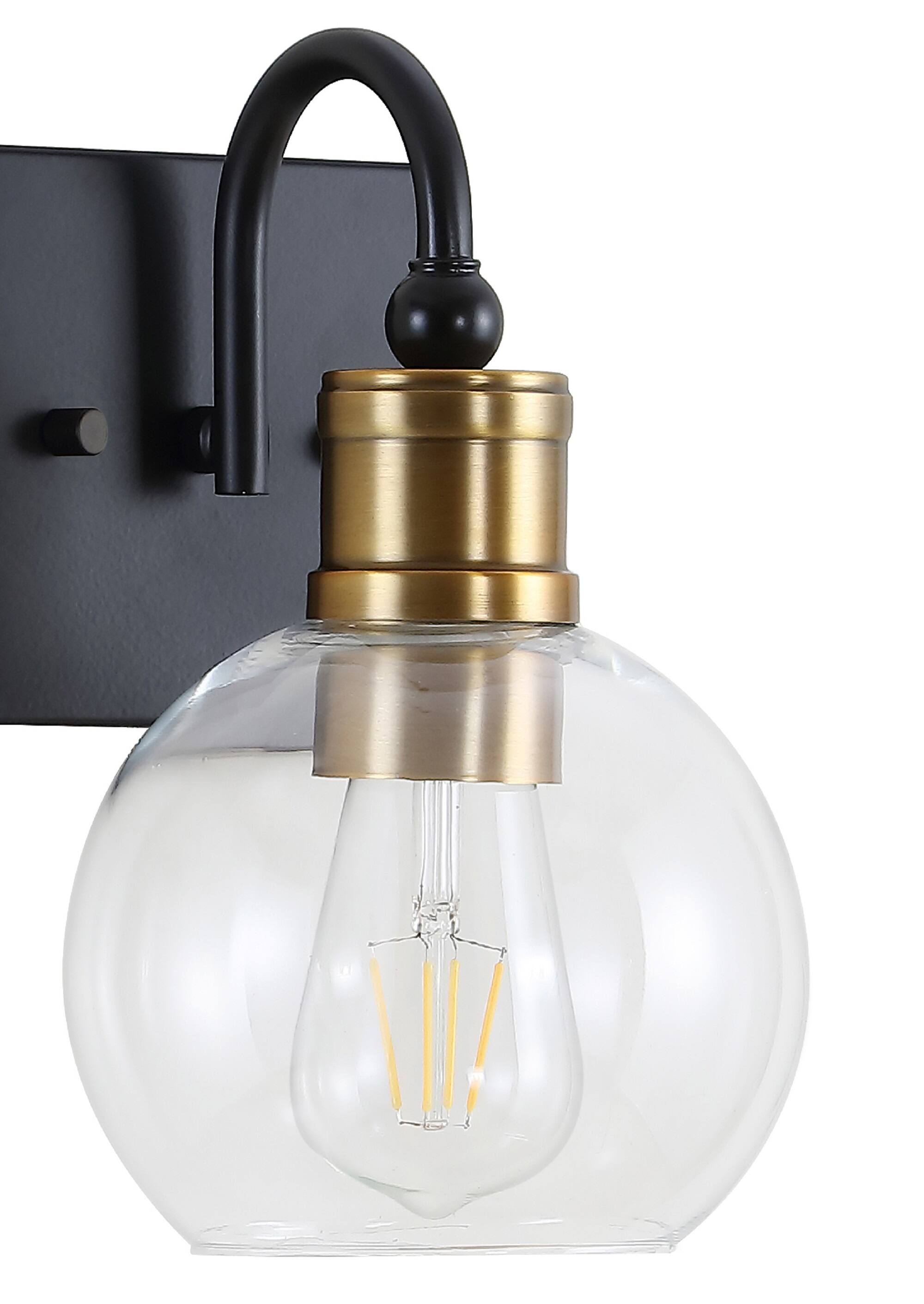 Alt View 4. Jonathan Y - Marais 5.88" 1-Light Iron/Glass Rustic Vintage LED Vanity Light, Black/Brass Gold - Black/Brass Gold.