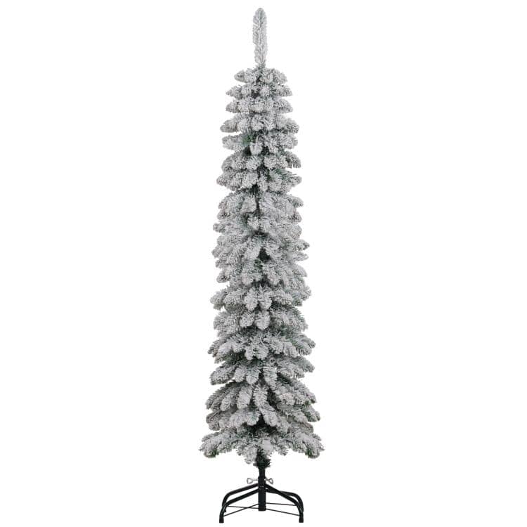 PULUZ - 5 feet Tall Unlit Slim Pencil Xmas Tree, Snow-Flocked Artificial Christmas Tree with Realistic Branches and 301 Tips - Green