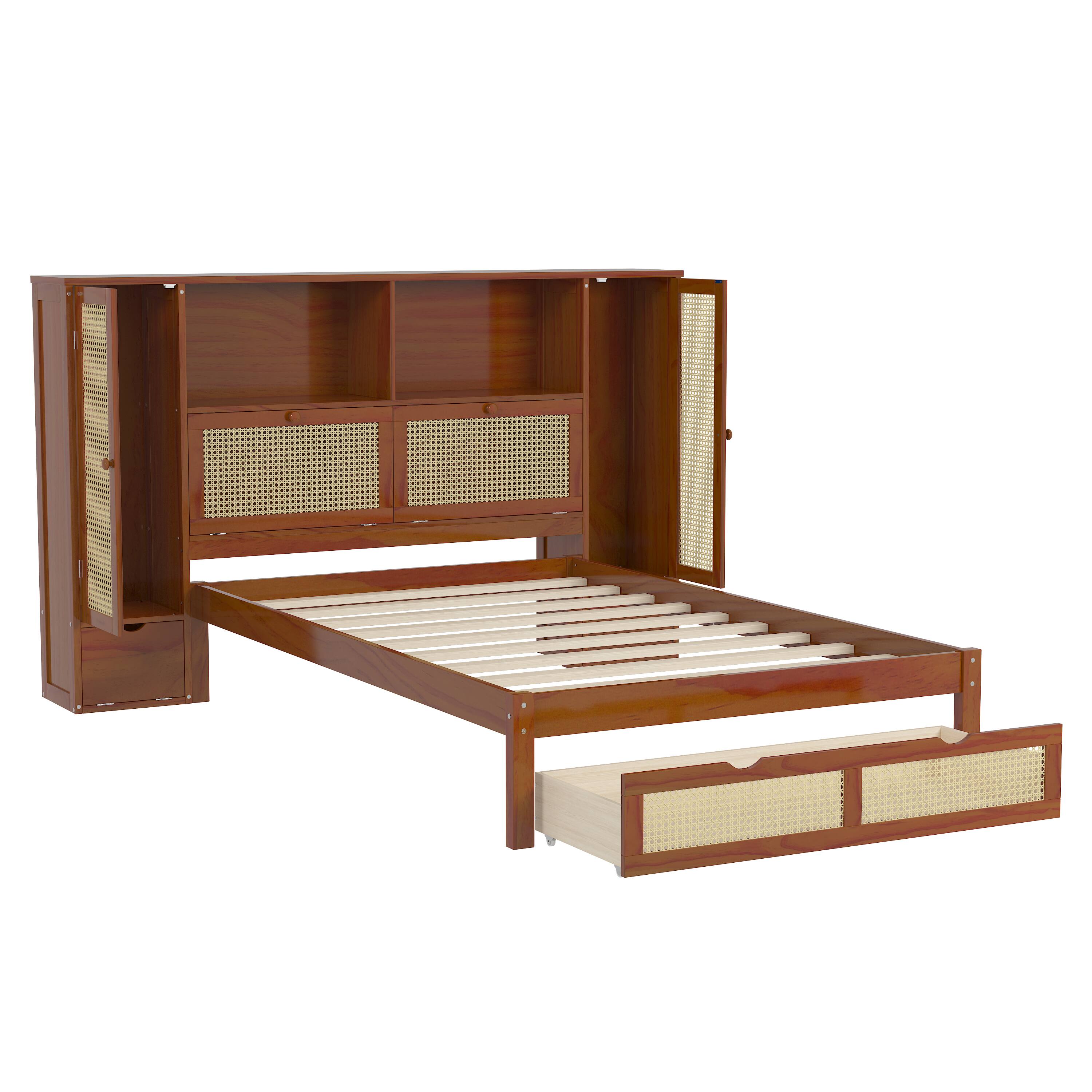 Alt View 2. Tiramisubest - Twin Size Wooden Multifunctional Platform Bed with Two Storage Lockers, Drawer, and Storage Shelf on Headboard - Walnut.