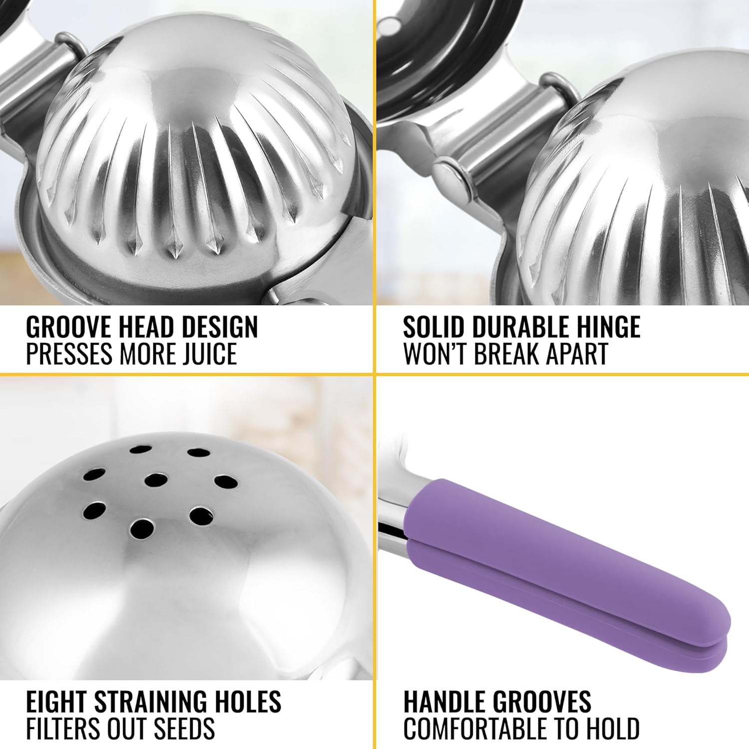 GROOVE HEAD DESIGN PRESSES MORE JUICE, SOLID DURABLE HINGE WON'T BREAK APART, EIGHT STRAINING HOLES FILTERS OUT SEEDS, HANDLE GROOVES COMFORTABLE TO HOLD
